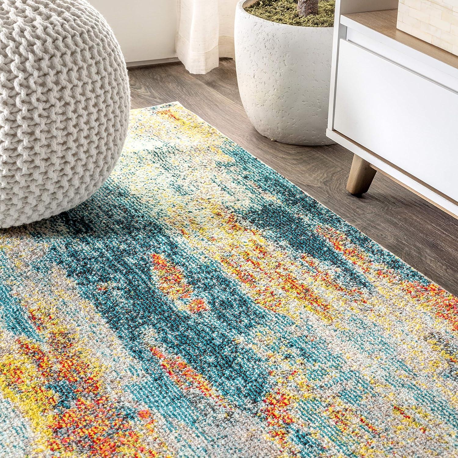 JONATHAN Y CTP106B-5 Contemporary POP Modern Abstract Vintage Waterfall Blue/Cream/Yellow 5 ft. x 8 ft. Area Rug, Bohemian, Pet Friendly, Stain Resistant, Easy to Clean, for Living Room, Bedroom
