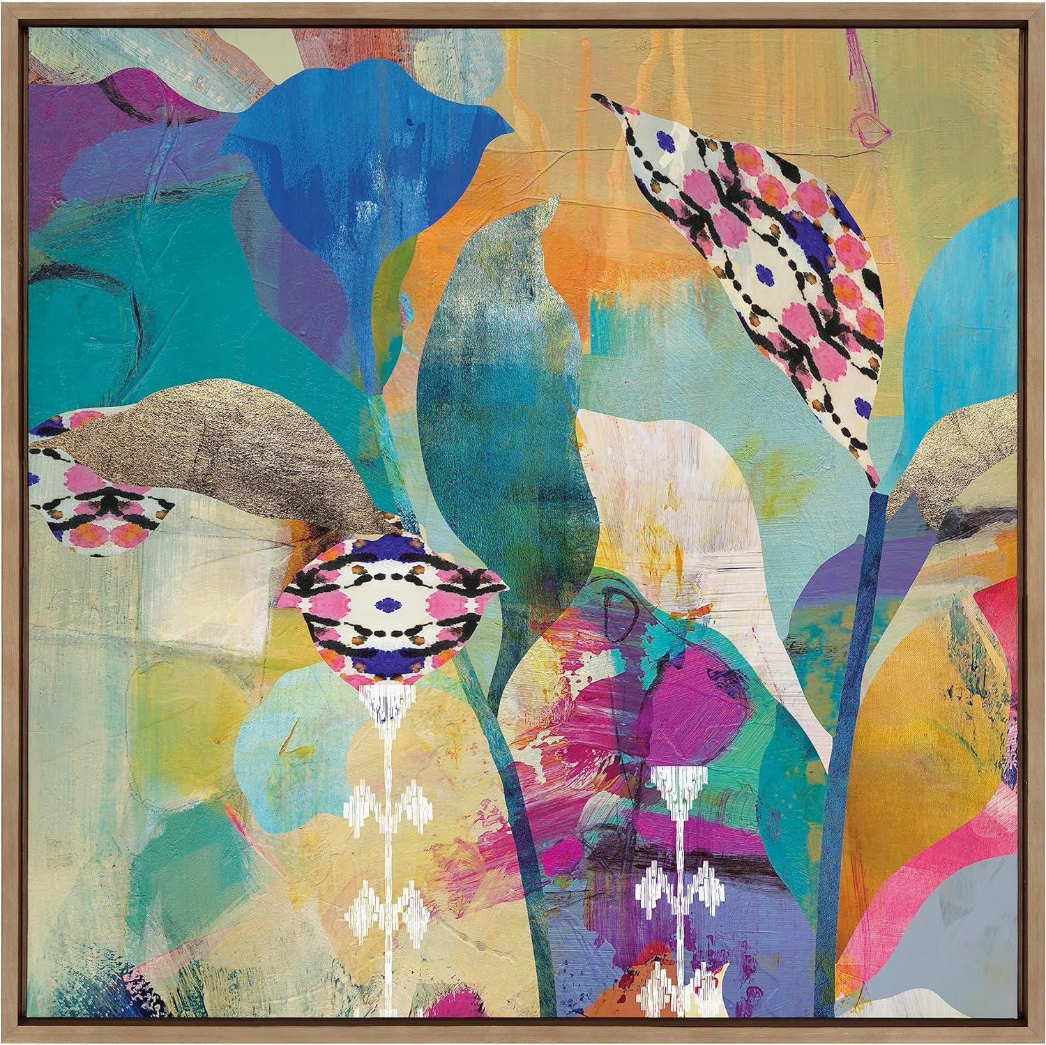 Colorful Abstract Floral Canvas Wall Art with Gold Frame, 30x30