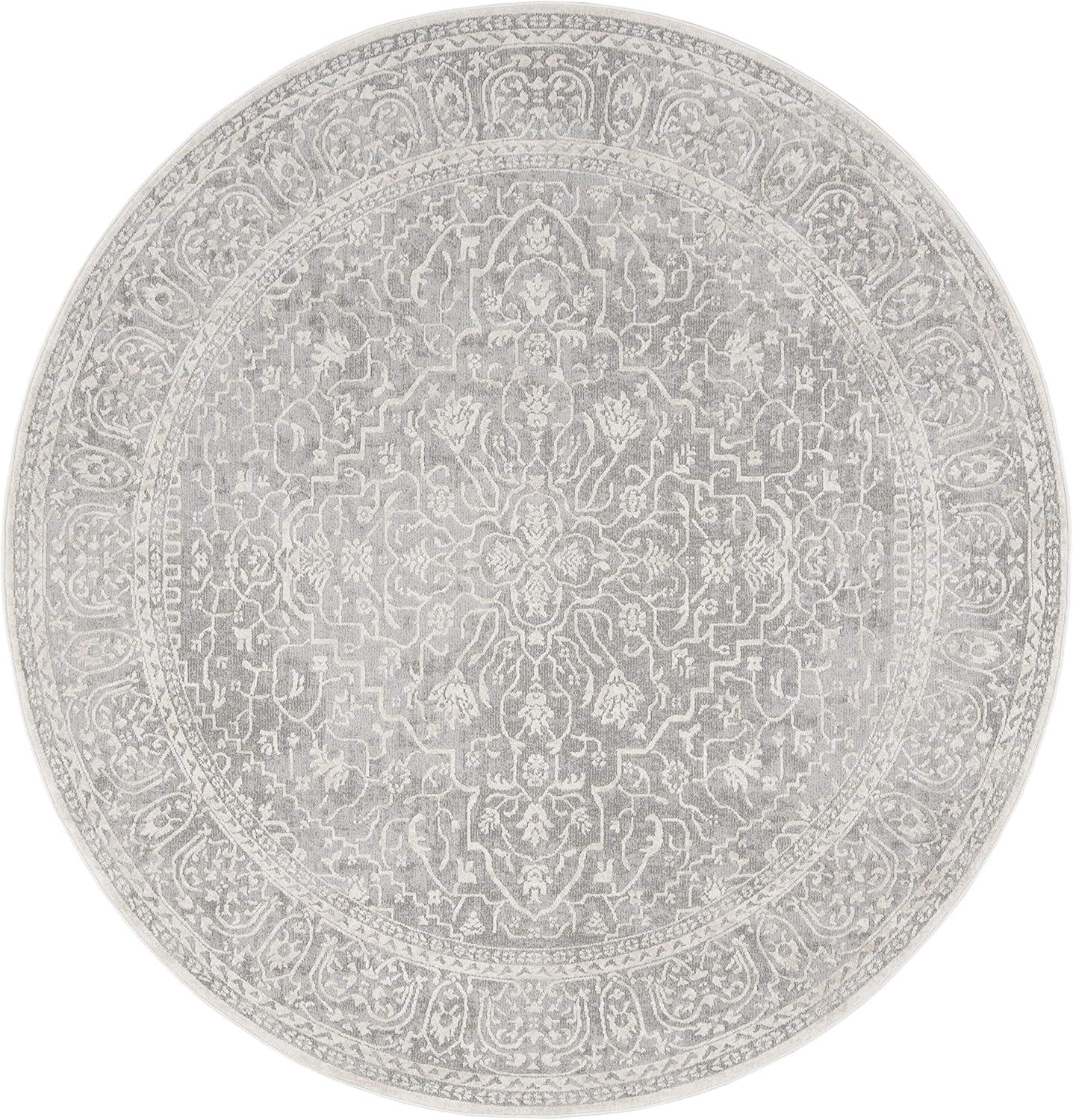 Light Grey and Cream Round Floral Cotton Area Rug