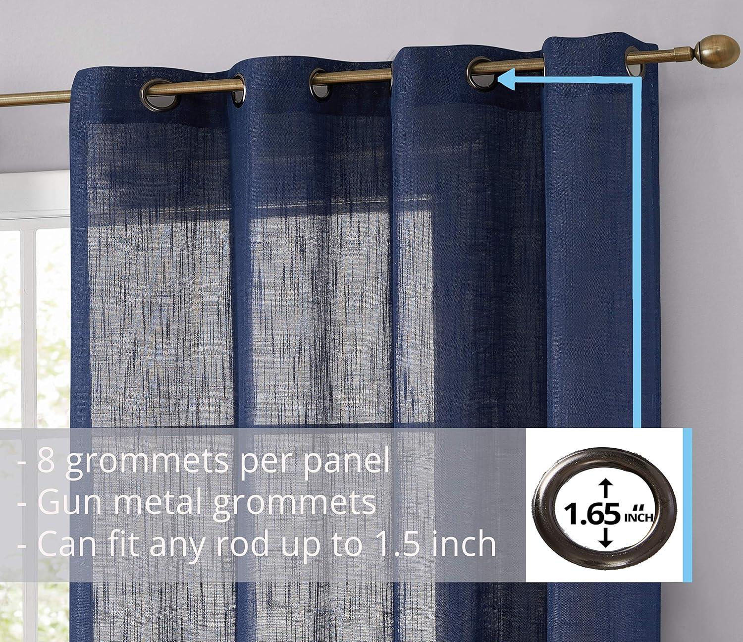 Navy Blue Faux Linen Sheer Grommet Curtain Panels, 54" x 96"