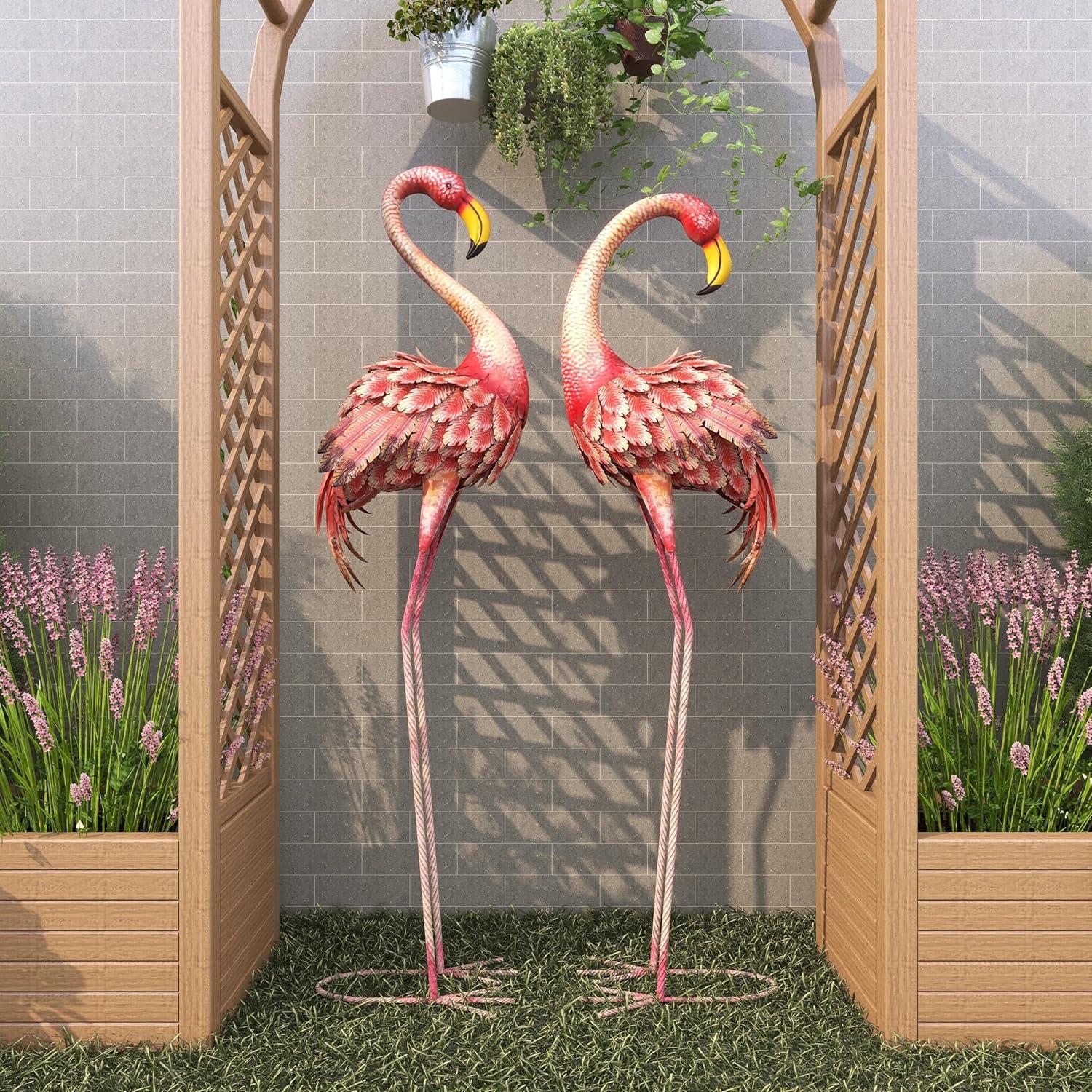 DecMode Coastal Outdoor Metal Standing Pink Flamingo Garden Sculpture, Set of 2 10"W x 38"H