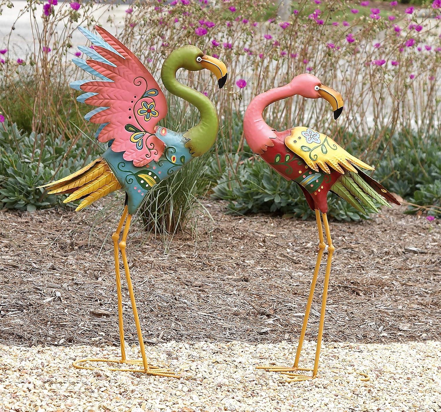 28" Multicolor Hand-Painted Metal Flamingo Garden Sculptures, Set of 2