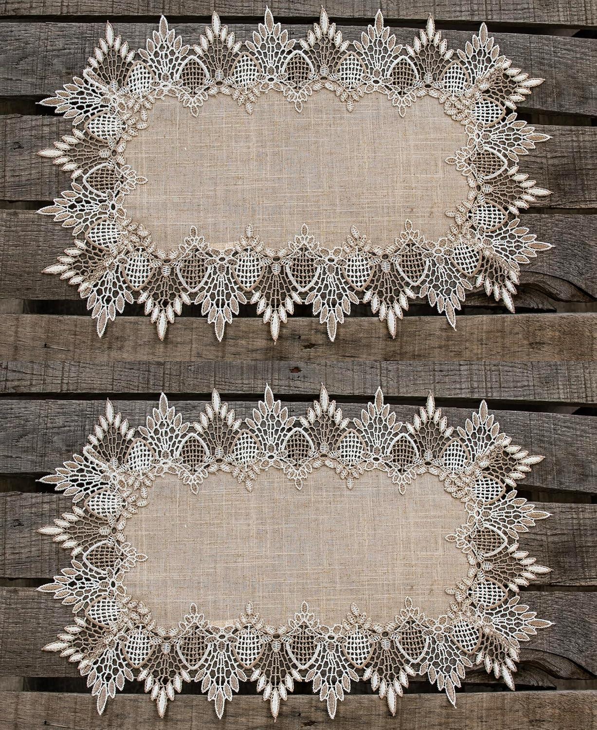 Two Lace Placemats 13W x 20L Neutral Earth Tones Placemats, Dresser Scarf, Coffee Table Runners, End Table Doilies, Set of 2