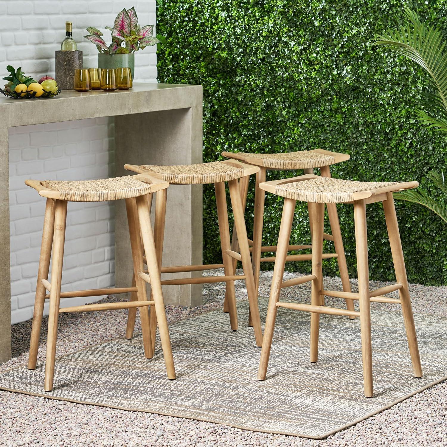 Pulaski 4pk Outdoor Acacia Wood Bar Stools with Wicker - Light Brown - Christopher Knight Home