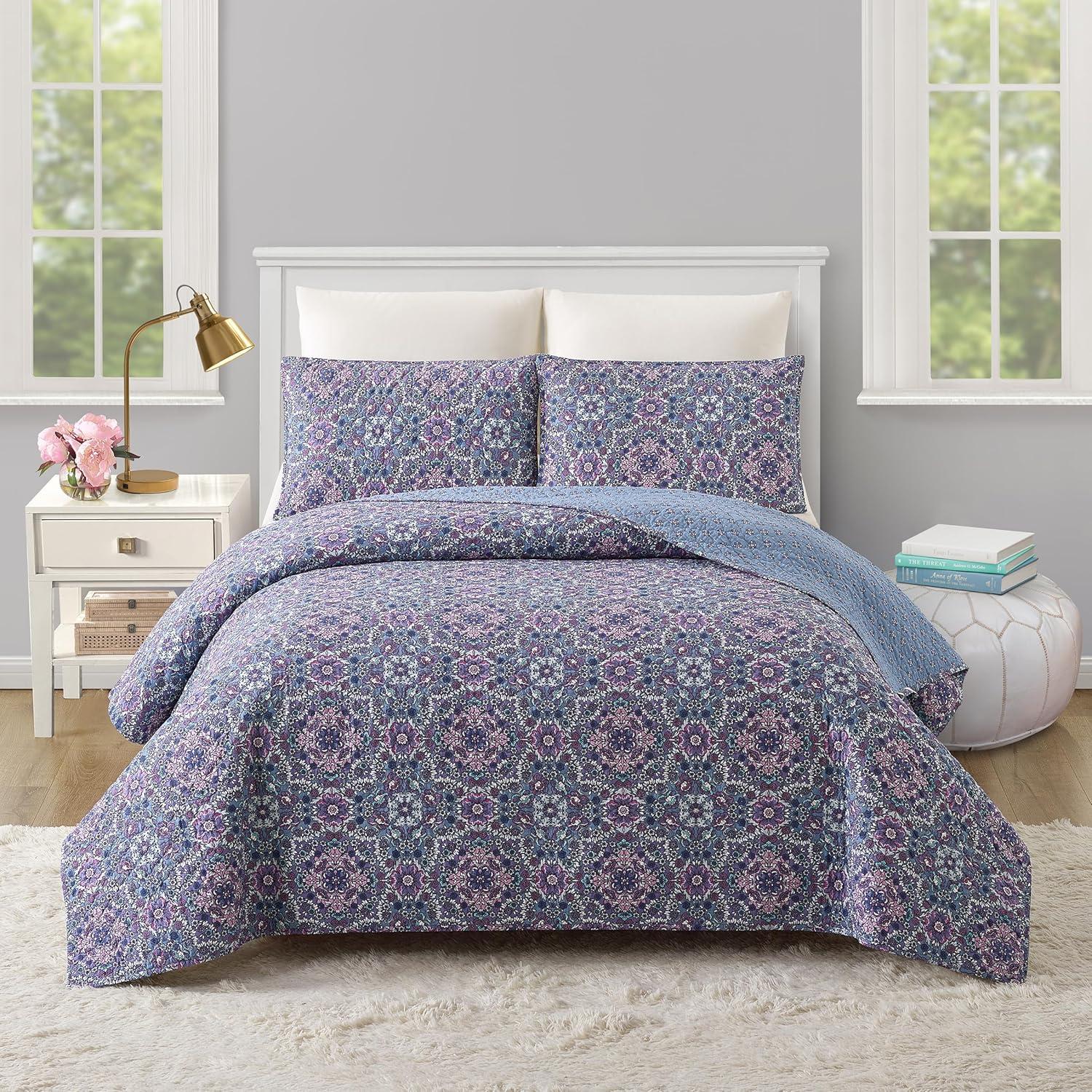 Modern Heirloom Lavender Florals 100% Cotton Reversible Boho Coverlet/Quilt Set