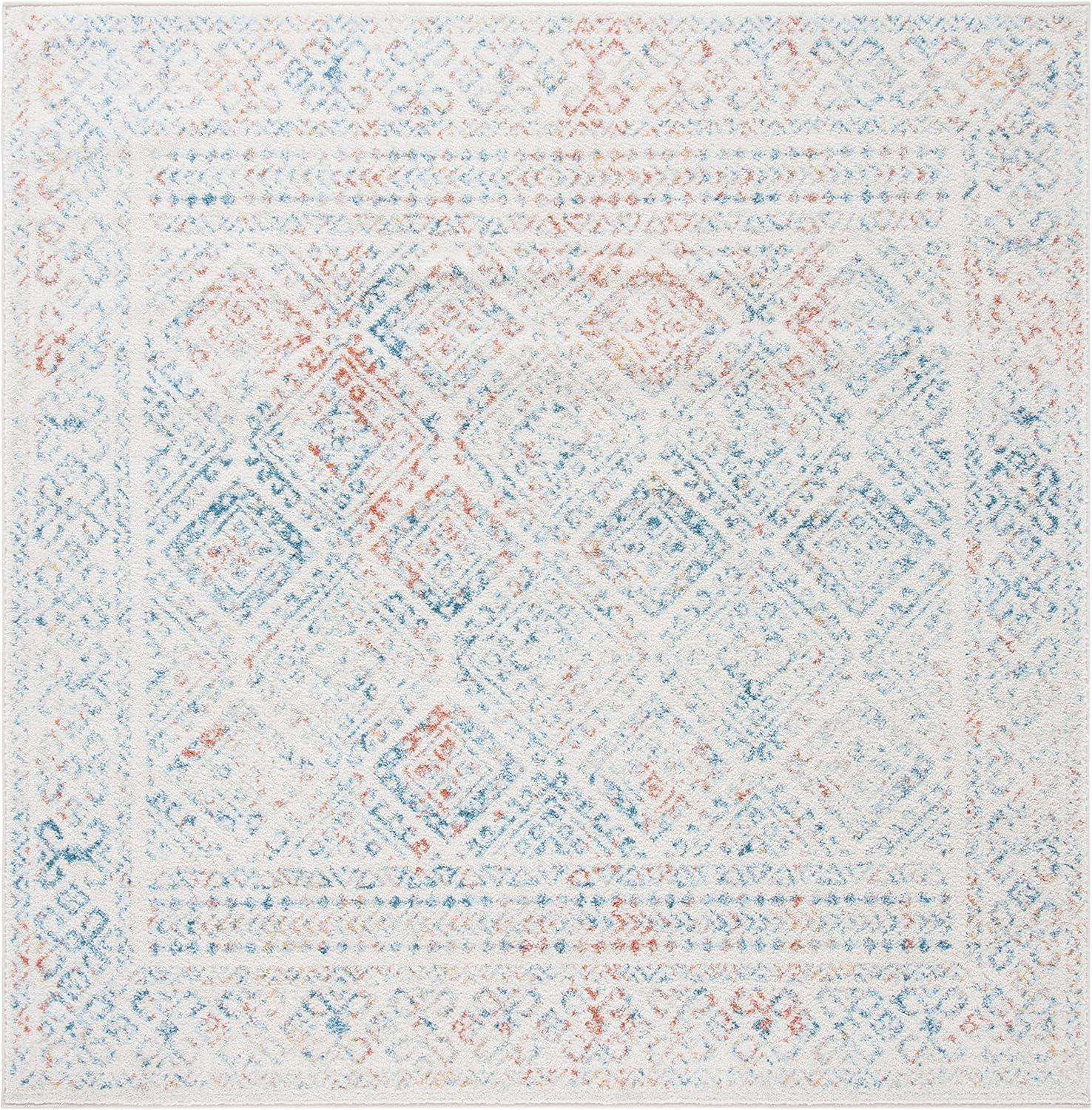 Ivory and Terracotta Geometric Square Synthetic Area Rug - Easy Care