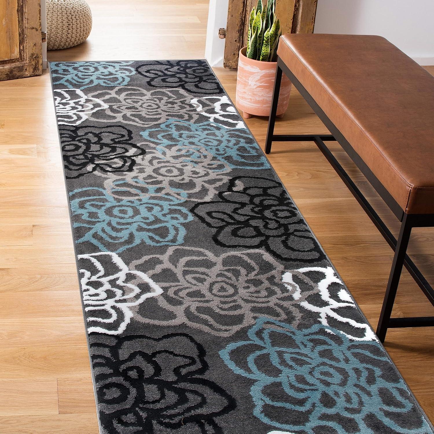 Contemporary Modern Floral Flowers Easy-Care Runner Rug 2' x 7' Gray