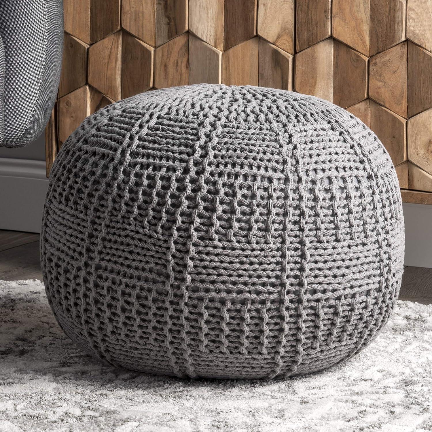 nuLOOM Berlin Casual Knitted Filled Ottoman Pouf, 14" H x 20" W x 20" D, Gray