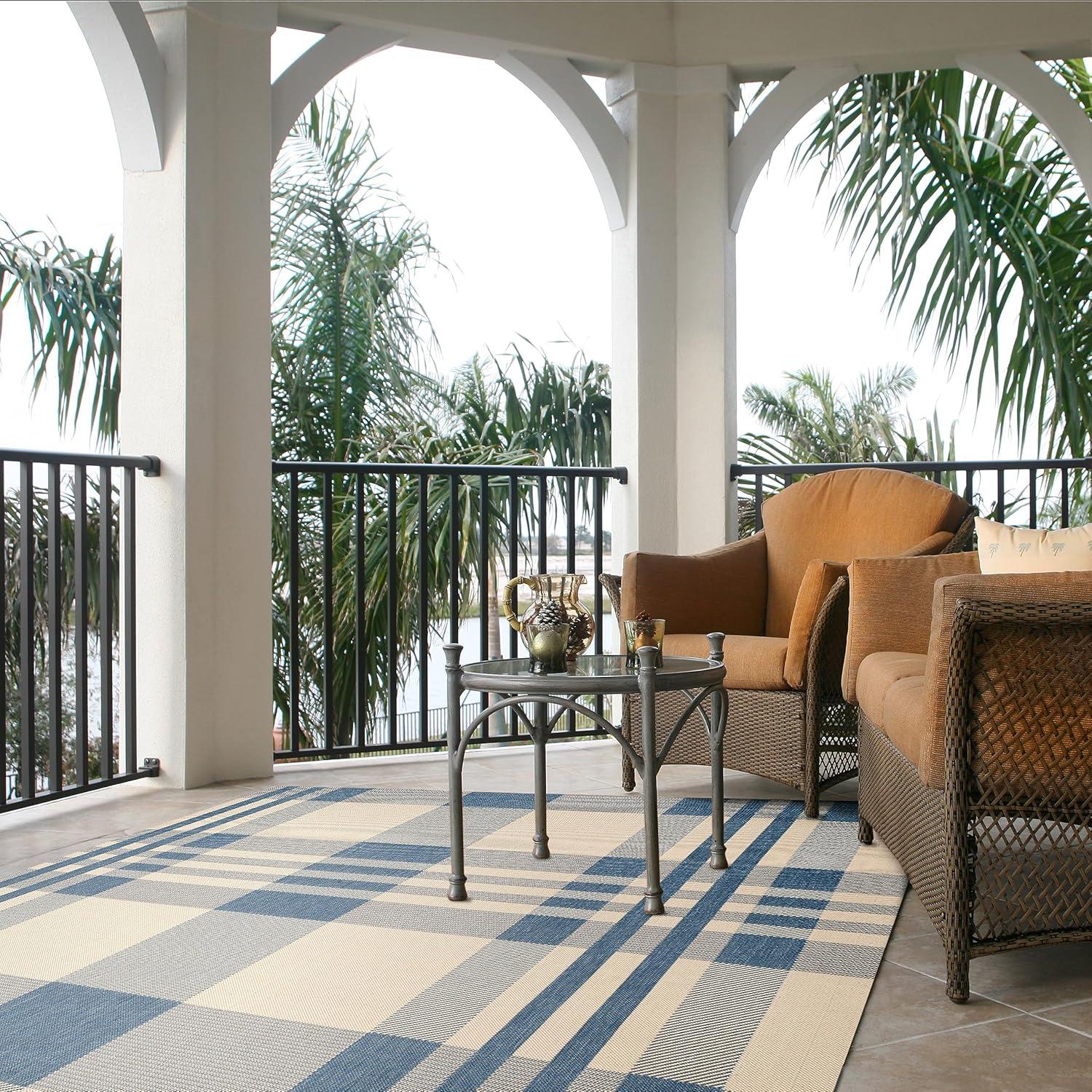 Beige and Blue Plaid Indoor/Outdoor Synthetic Rug