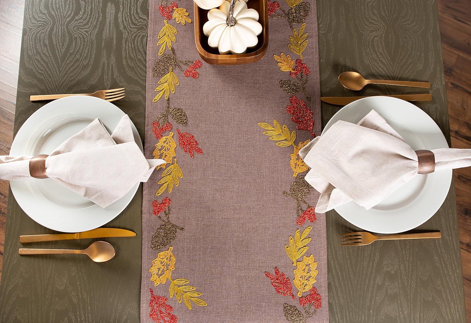 DII 70x14" Polyester Fabric Shimmering Leaves Embroidered Table Runner in Brown