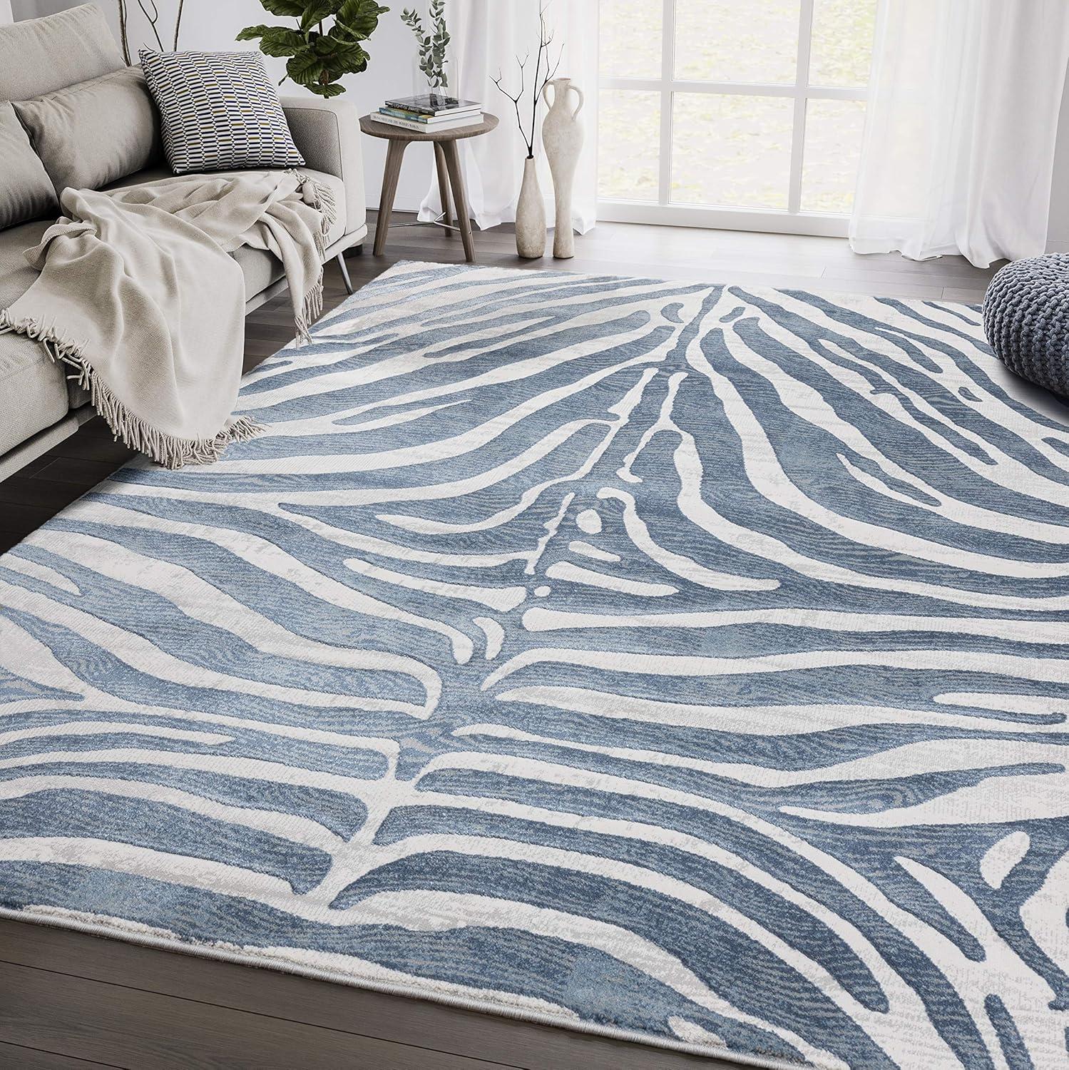 Blue and White Zebra Print Rectangular Area Rug