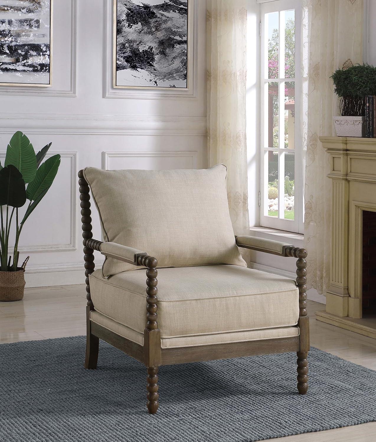 Transitional Geometric Beige Wood Accent Chair