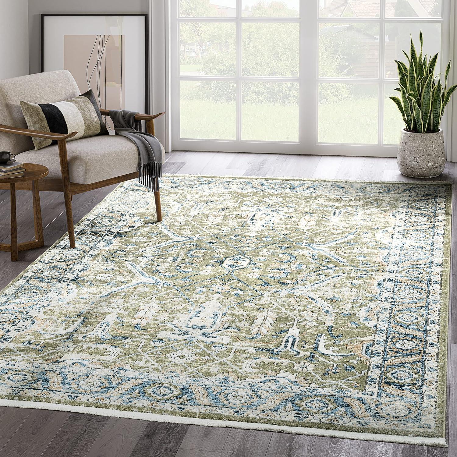 Blue and Green Vintage Design Rectangular Area Rug