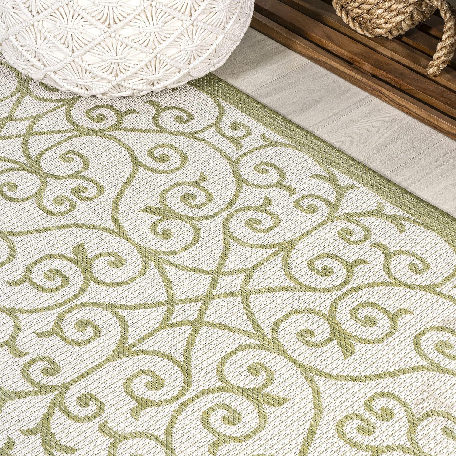 2' x 10' Madrid Vintage Filigree Textured Weave Indoor/Outdoor Runner Rug, Green/Cream - JONATHAN Y