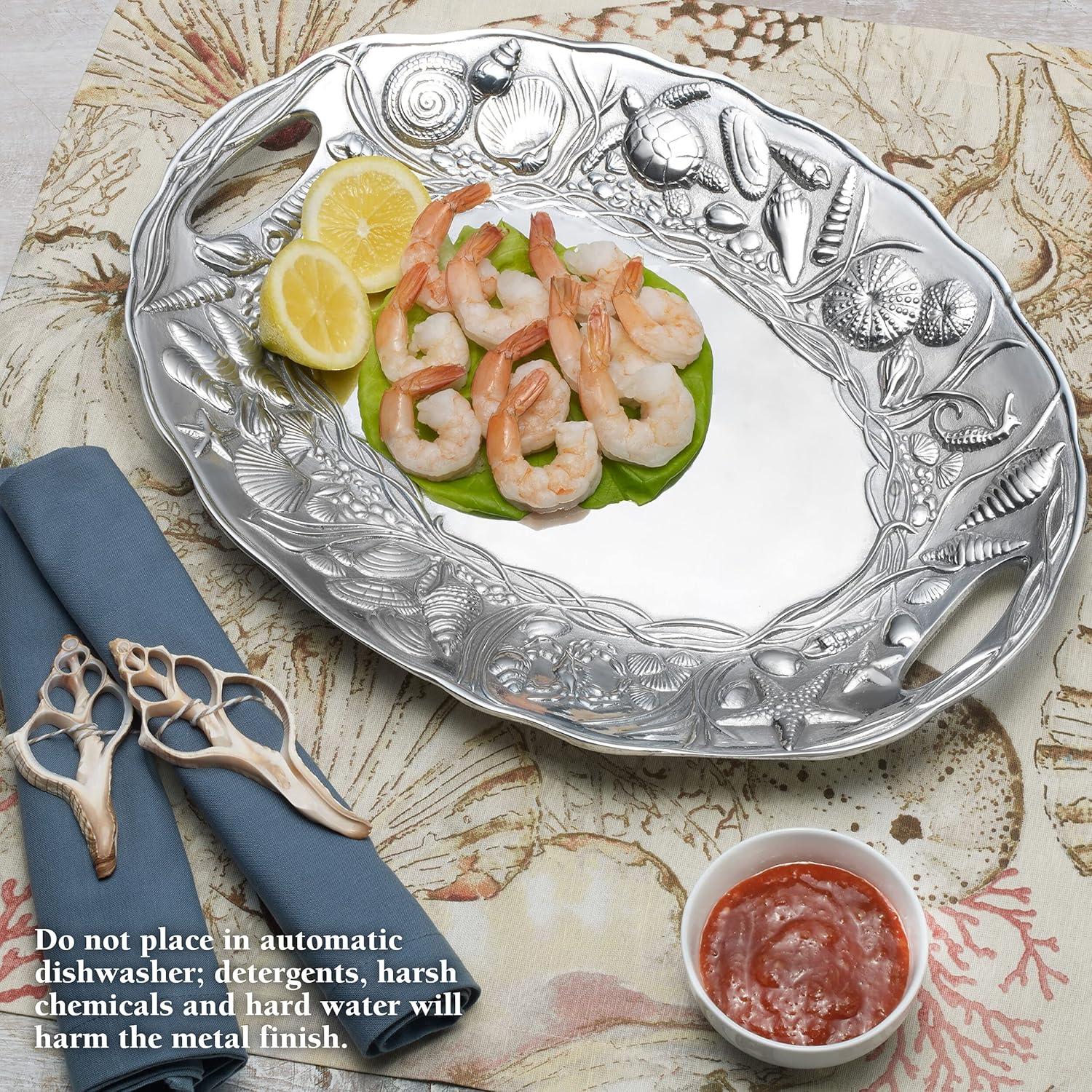 Coastal Silver Alloy Handle Tray with Ocean Motifs