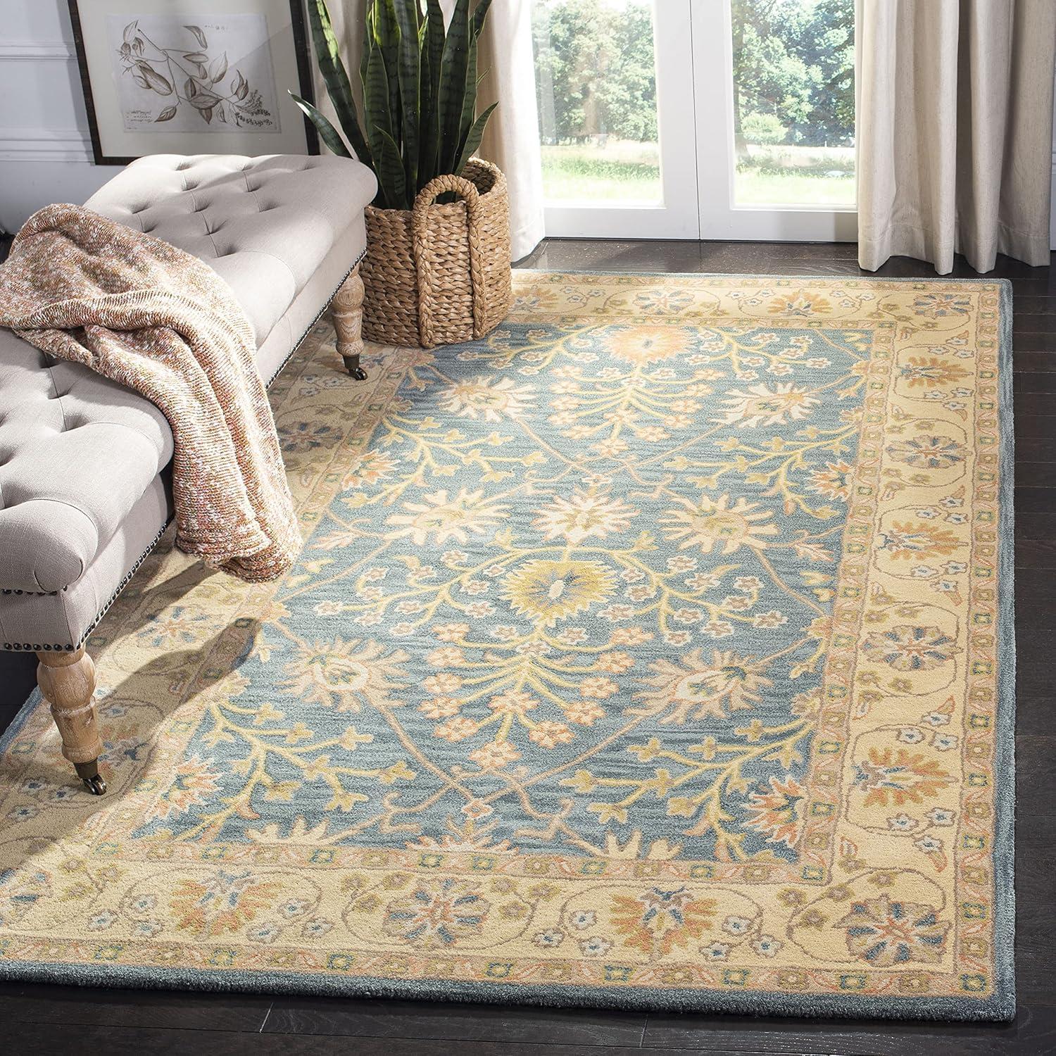 Blue and Light Gold Hand-Tufted Wool 4' x 6' Rug