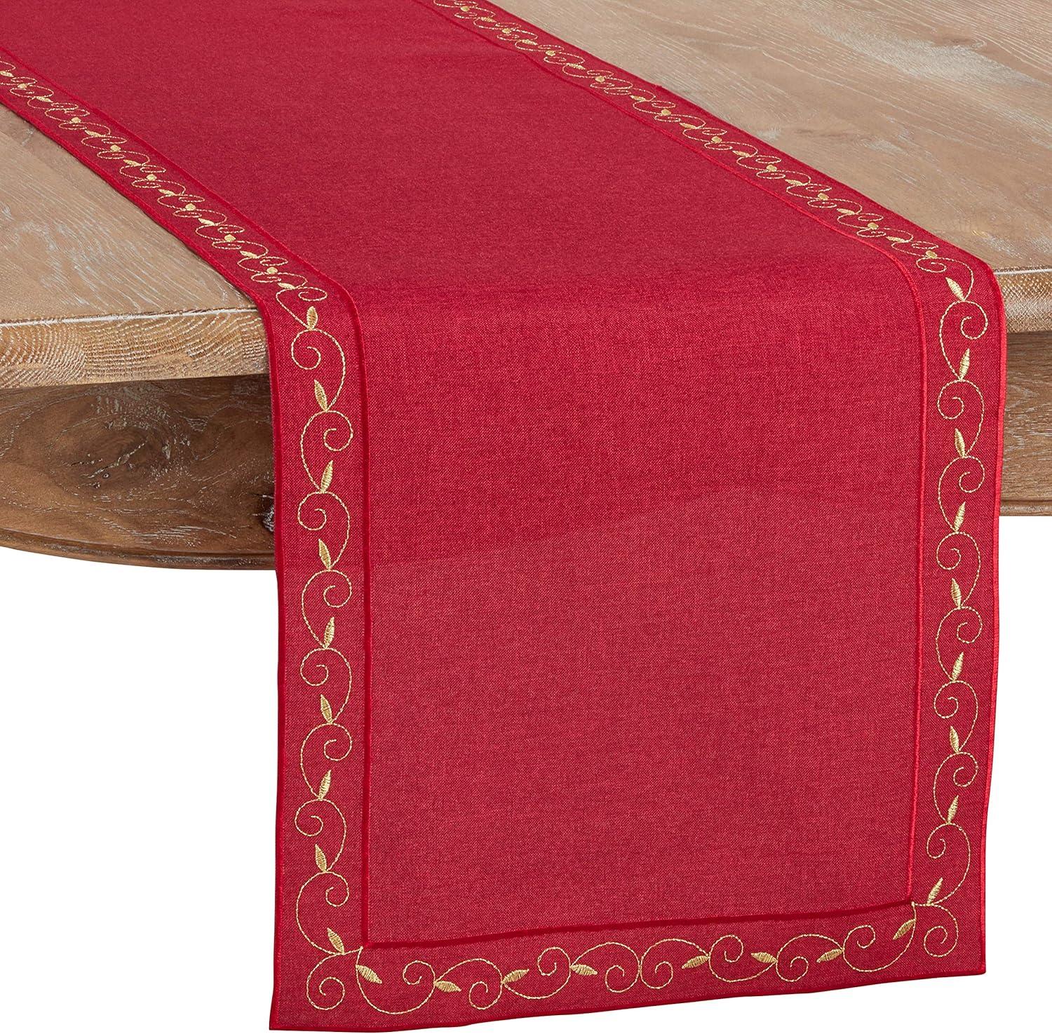 Red Embroidered Holiday Table Runner with Gold Accents, 15" x 69"