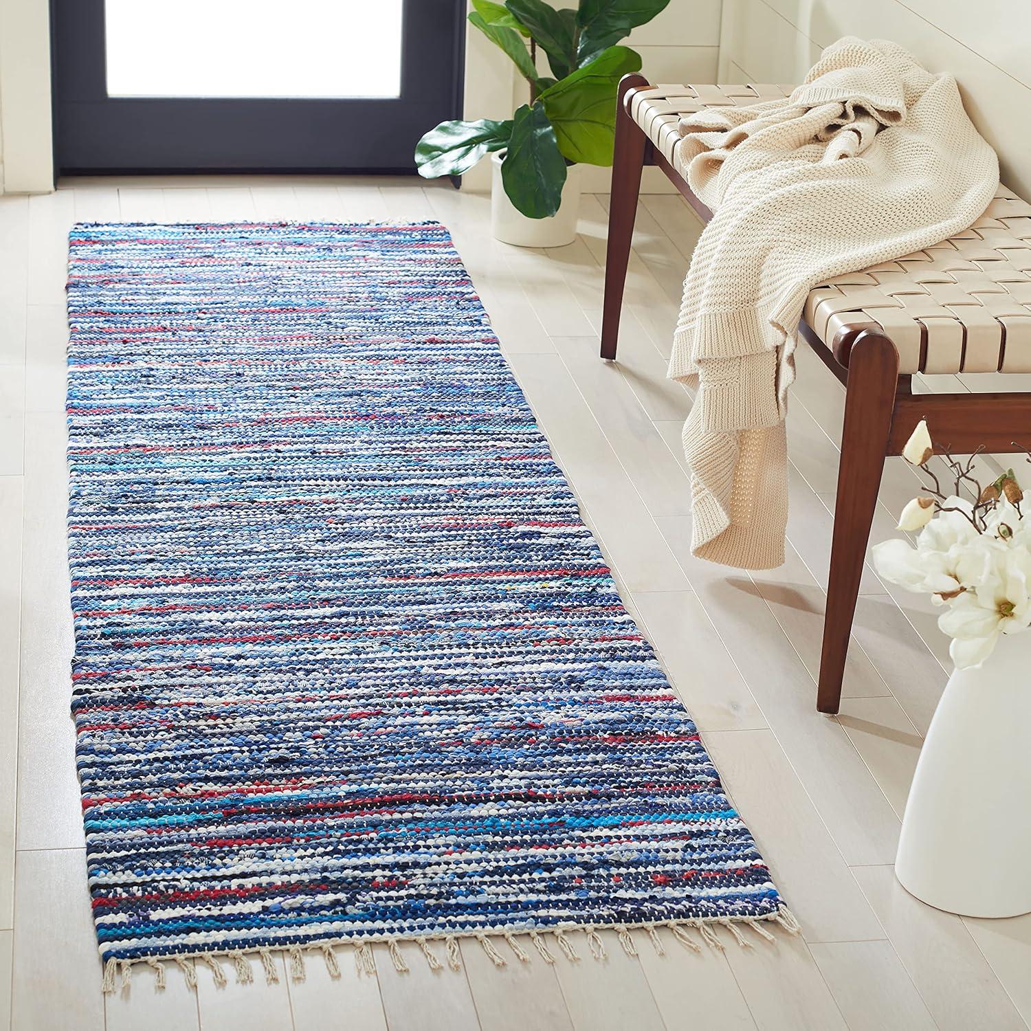 Rag Rug RAR128 Hand Woven Indoor Runner Rug - Blue/Multi - 2'3"x12' - Safavieh.