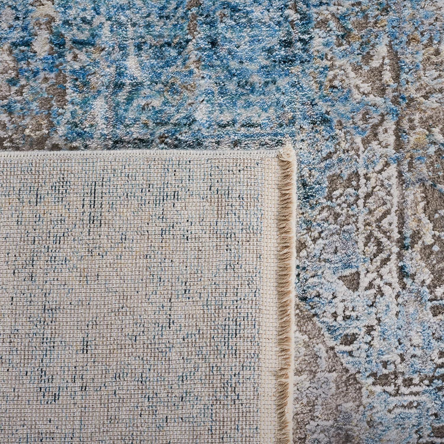 Gray and Blue Hand-Knotted Wool and Viscose Runner Rug