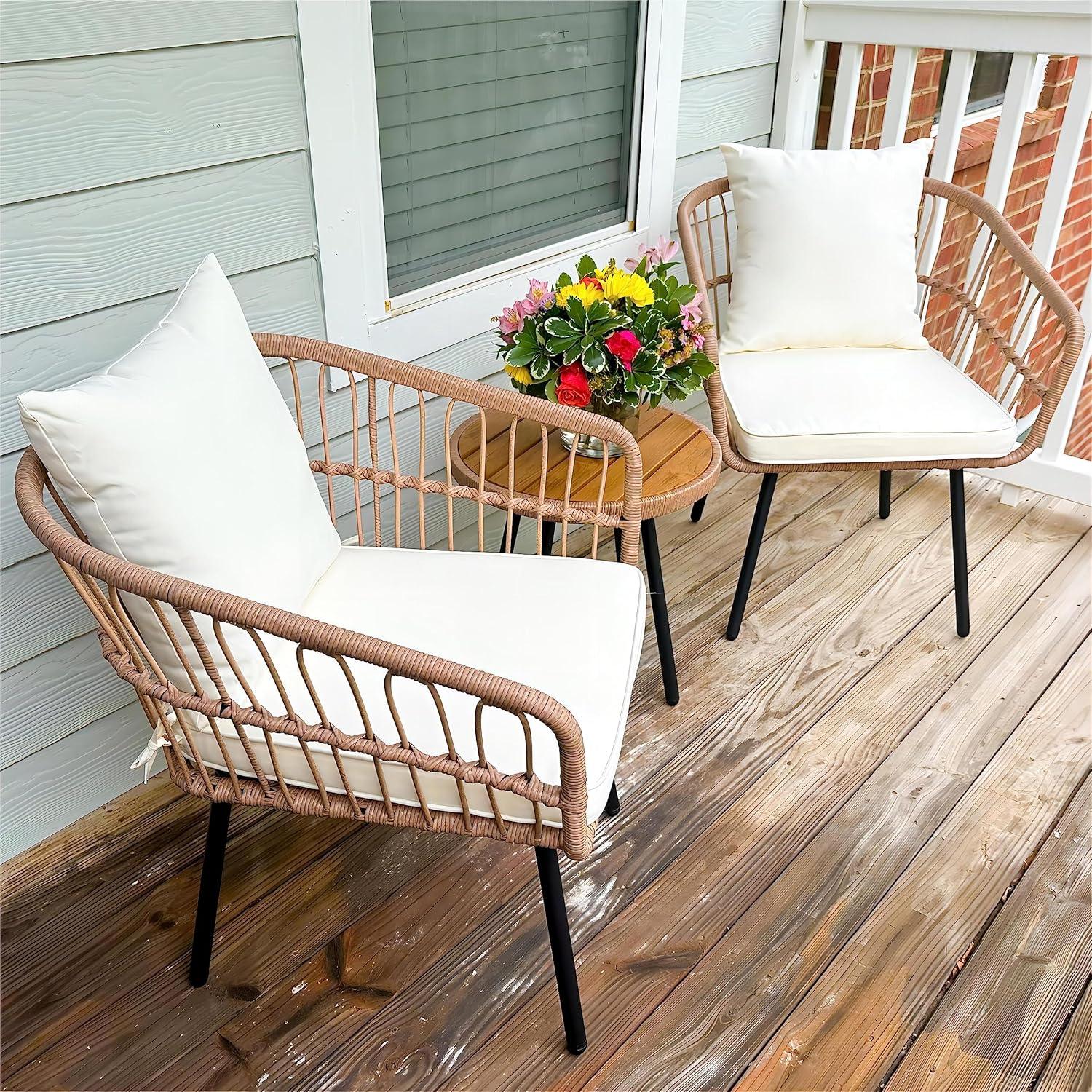 Beige Wicker 3-Piece Outdoor Patio Bistro Set with Cushions