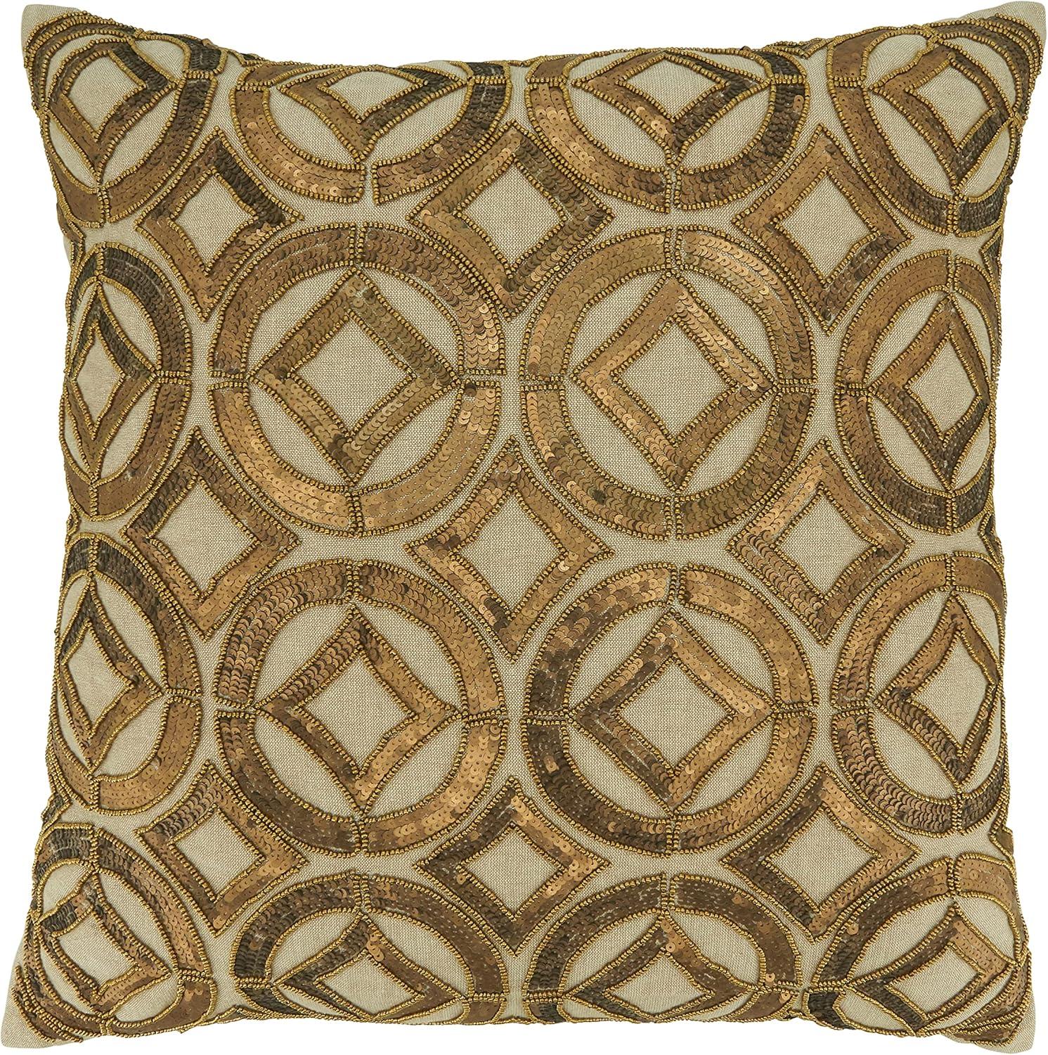 Gold Sequined Beaded Cotton Throw Pillow, 20"