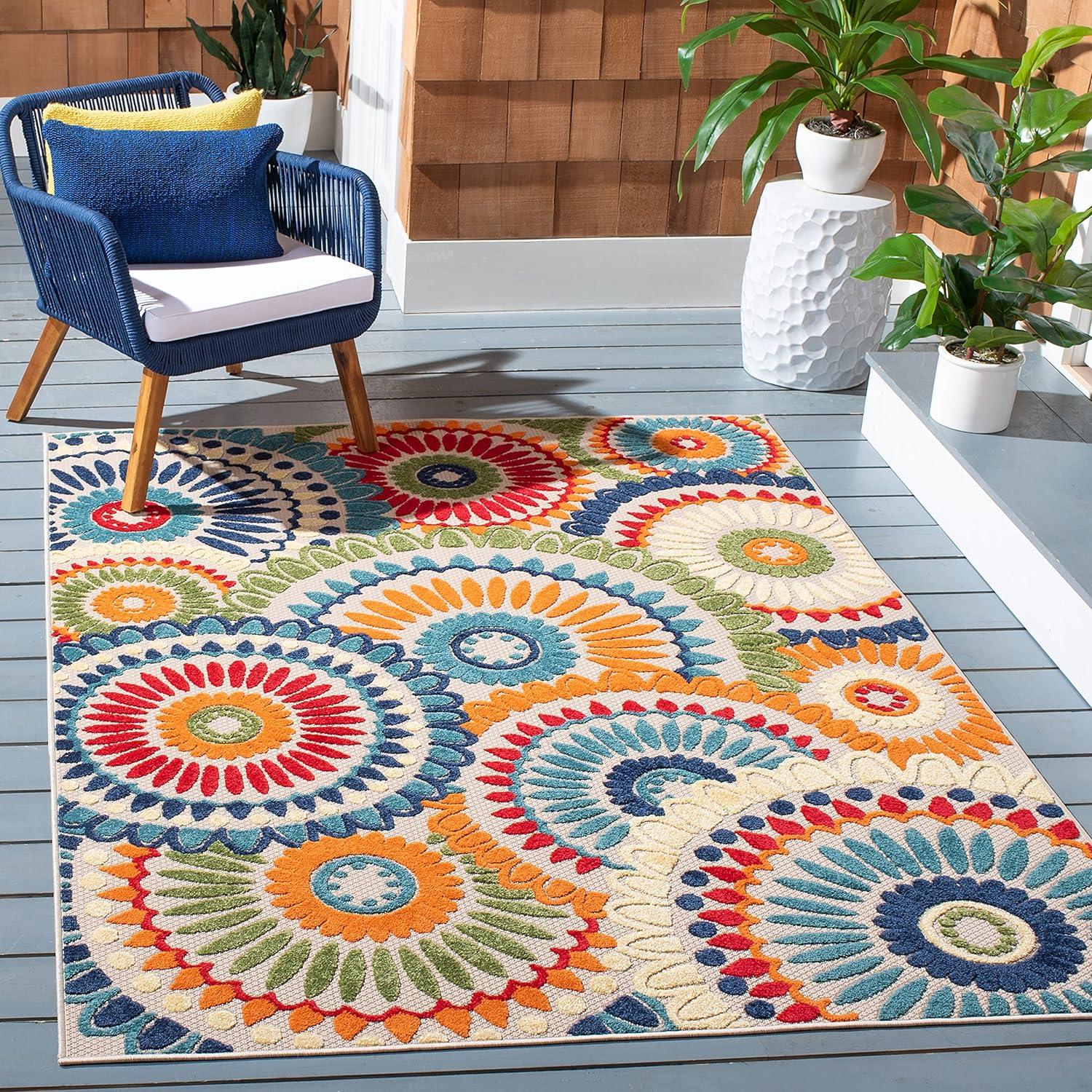 Blue and Ivory Floral Synthetic Easy Care Rug, 4' 5" x 6' 5"