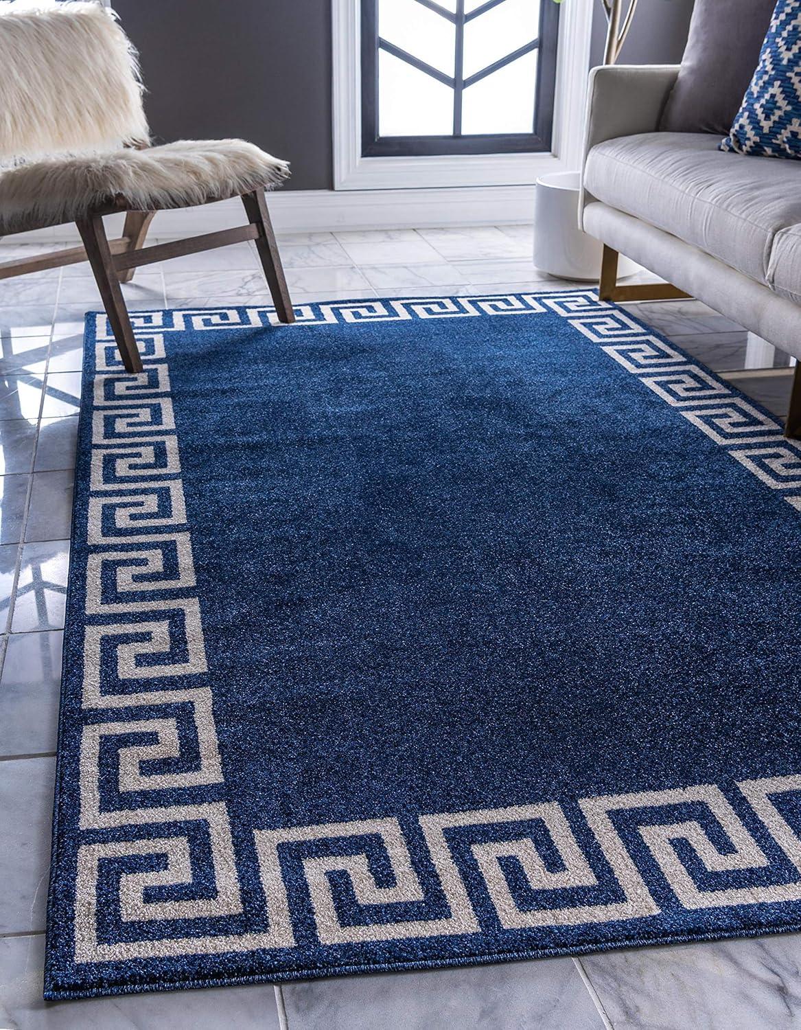 Navy Blue Geometric Border Rectangular Synthetic Rug