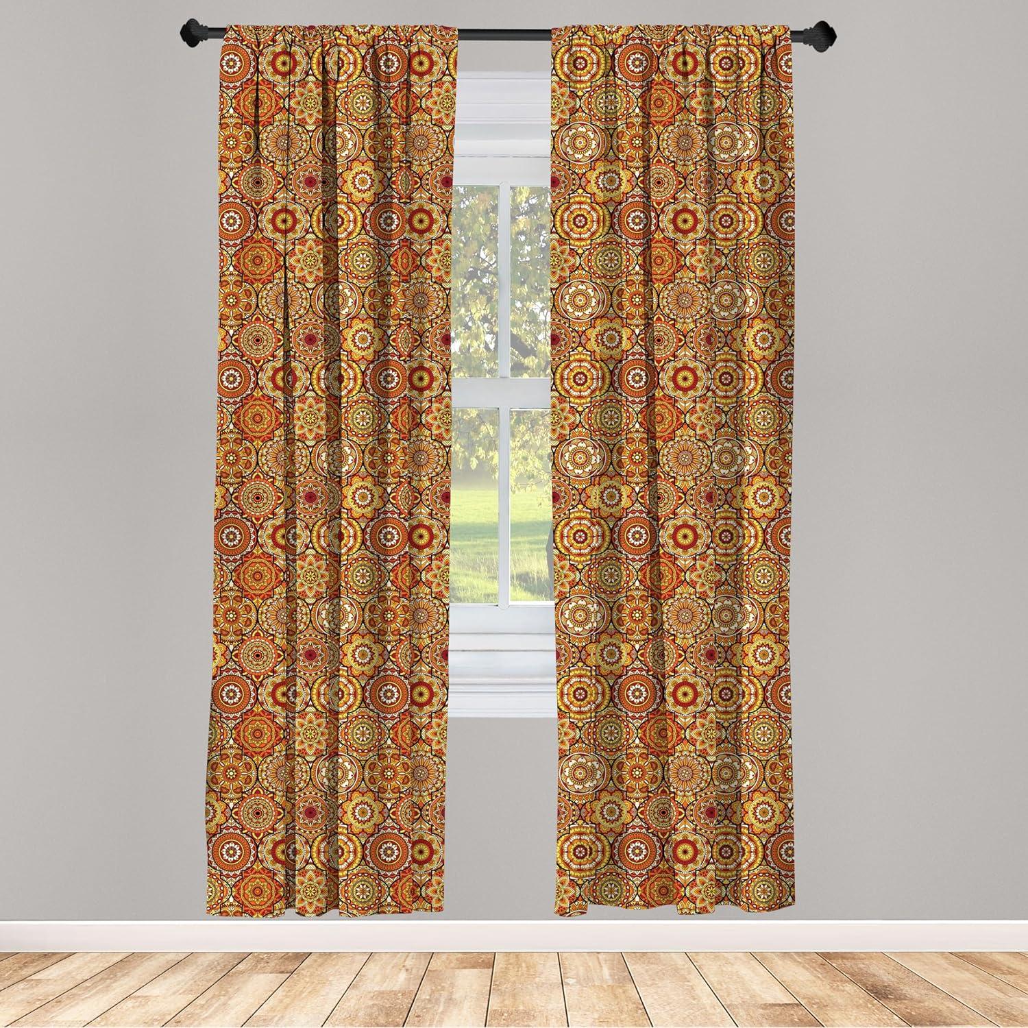 Ambesonne Moroccan Curtains, Floral Motifs Ottoman, Pair of 28"x84", Orange Yellow Brown