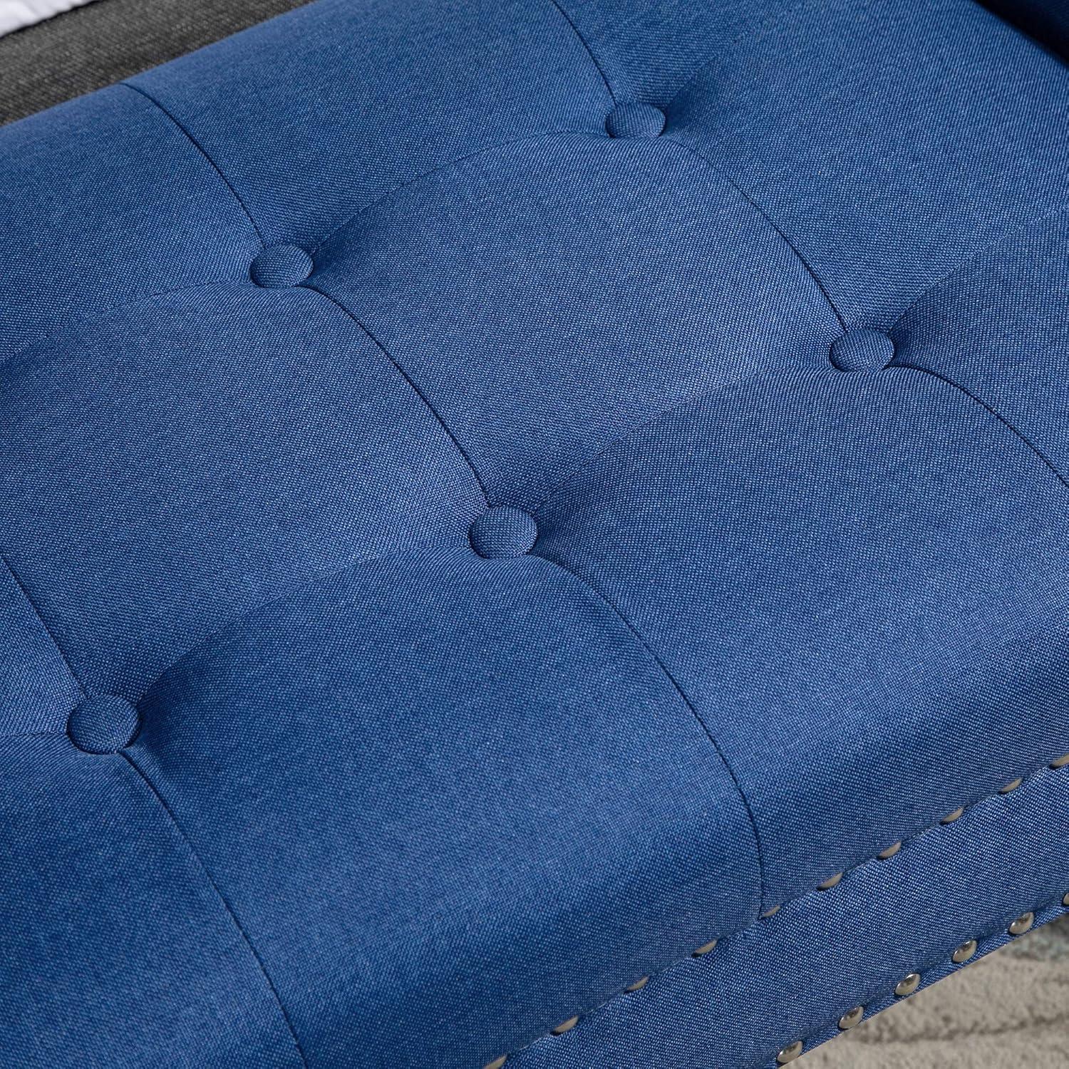 Elegant Nickel-Finish Tufted Linen Footstool with Arms in Blue