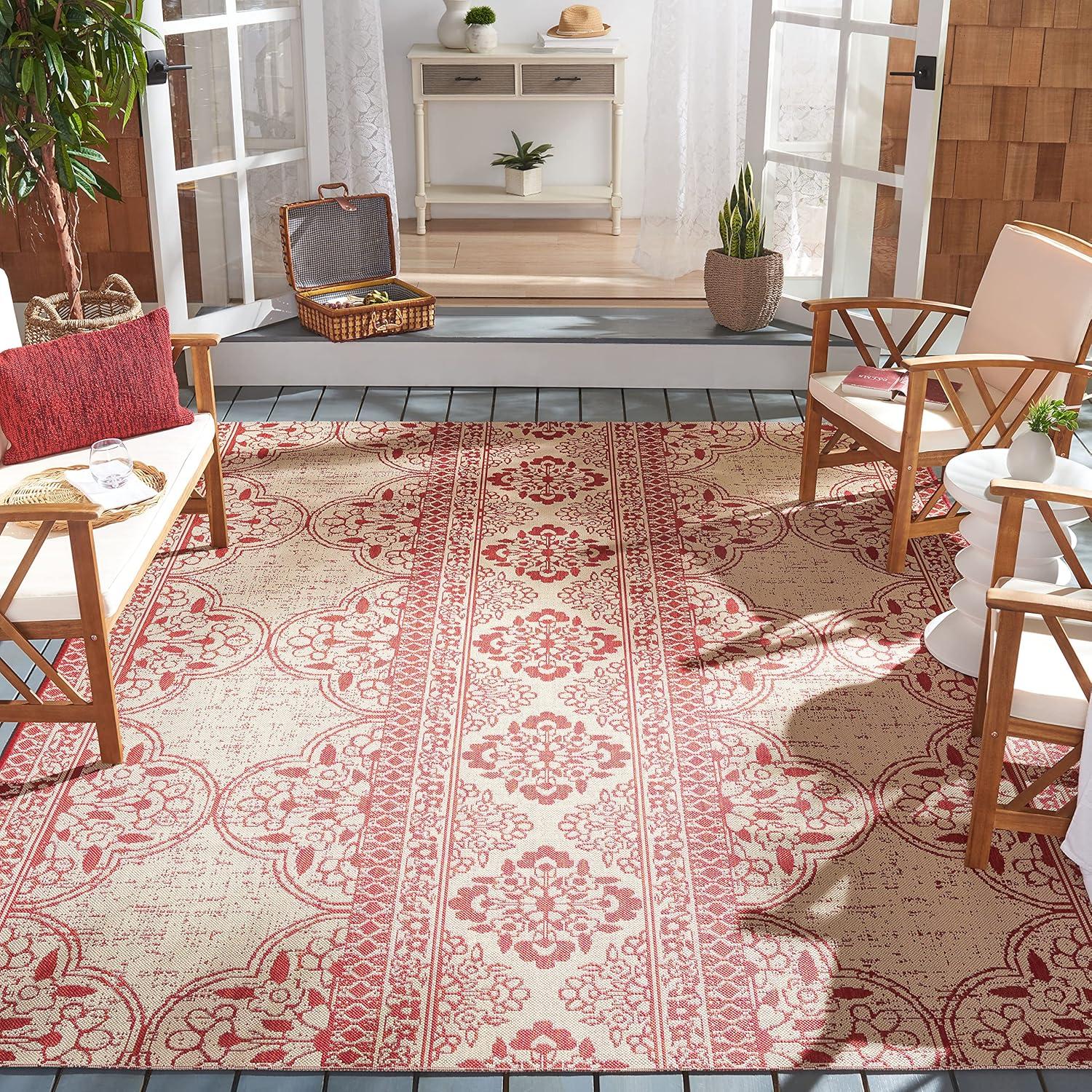 Red and Cream Square Synthetic Outdoor Area Rug