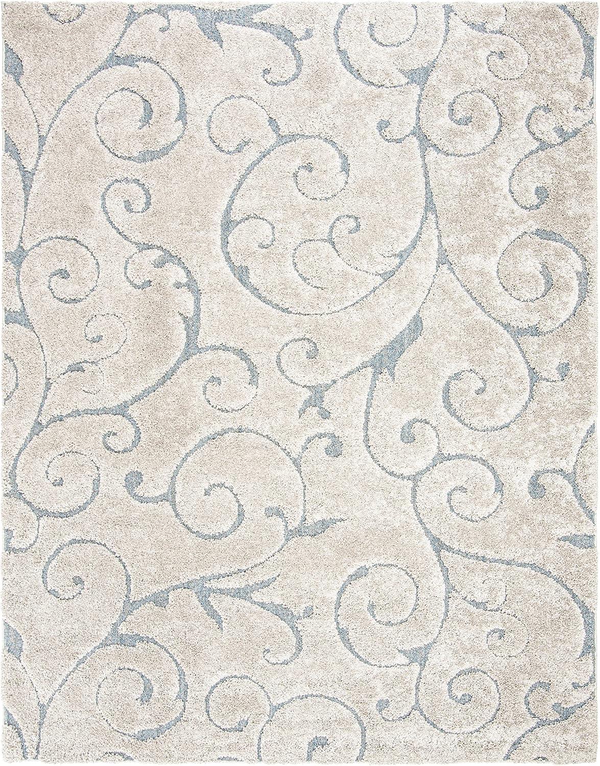 Luxurious Cream & Dark Blue Floral Shag Rug, 11' x 15', Synthetic