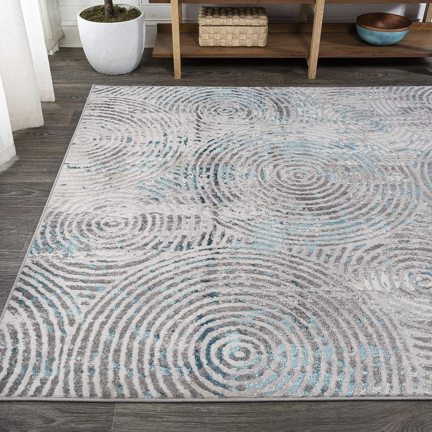 Coastal Abstract Swirls Area Rug 8' x 10' - Gray and Turquoise