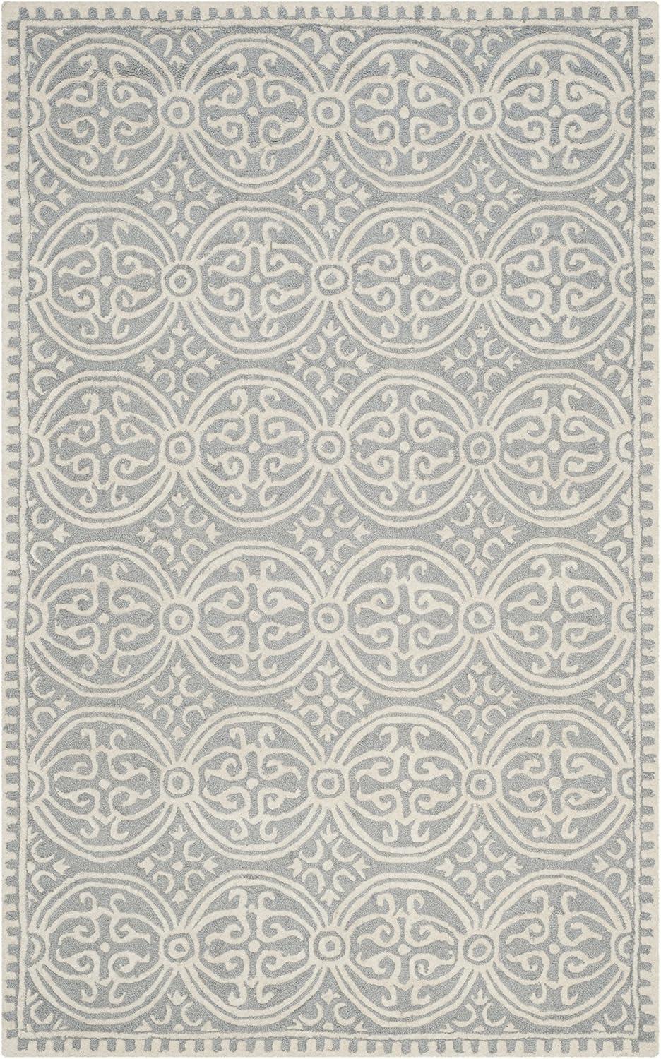 Ivory and Silver Geometric Hand-Tufted Wool Area Rug, 5' x 8'