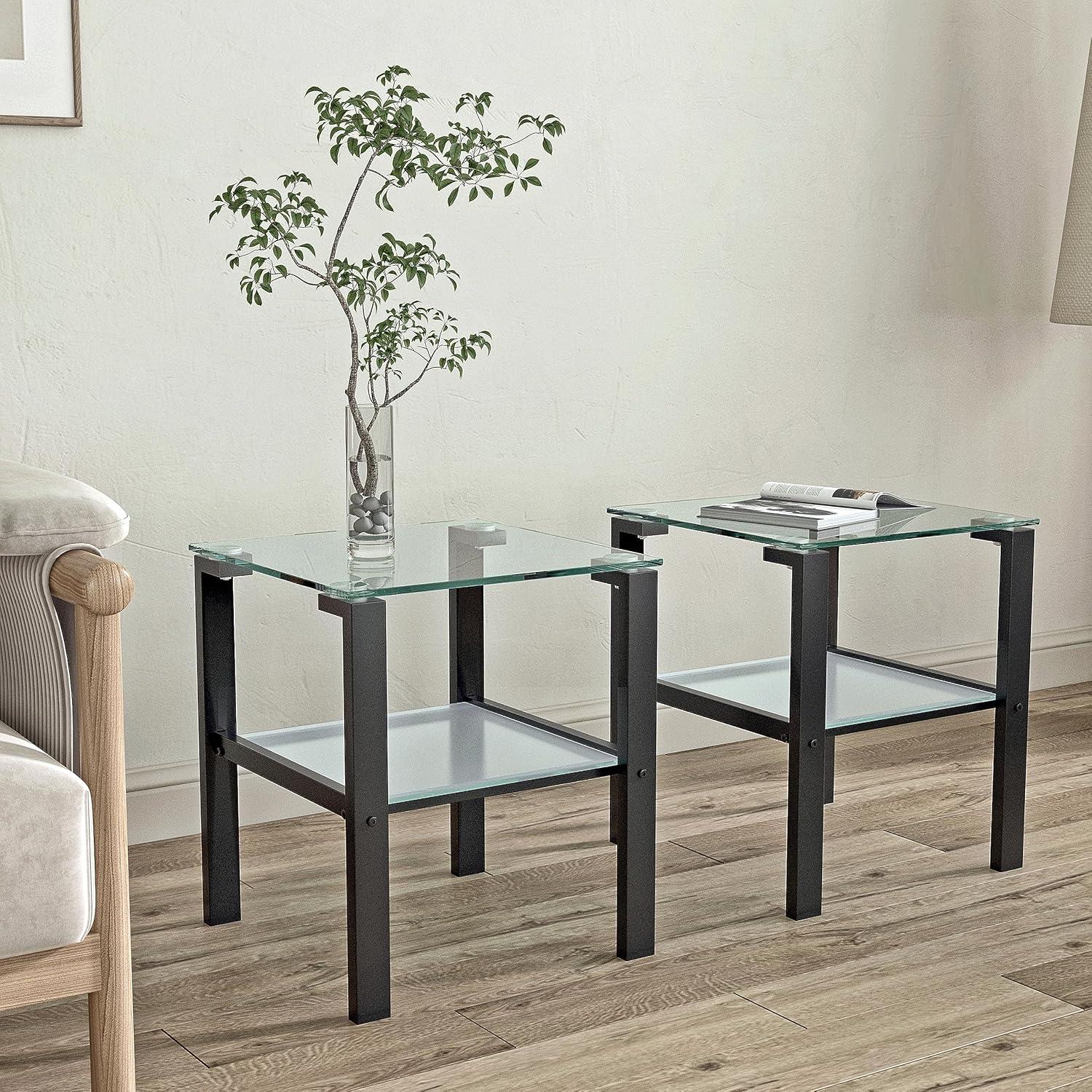 Glass Coffee Table Set of 3 Piece, Living Room Table Set of 3, Black Coffee Table and End Coffee Table Sets, Metal Frame (Black C, Set of 3)