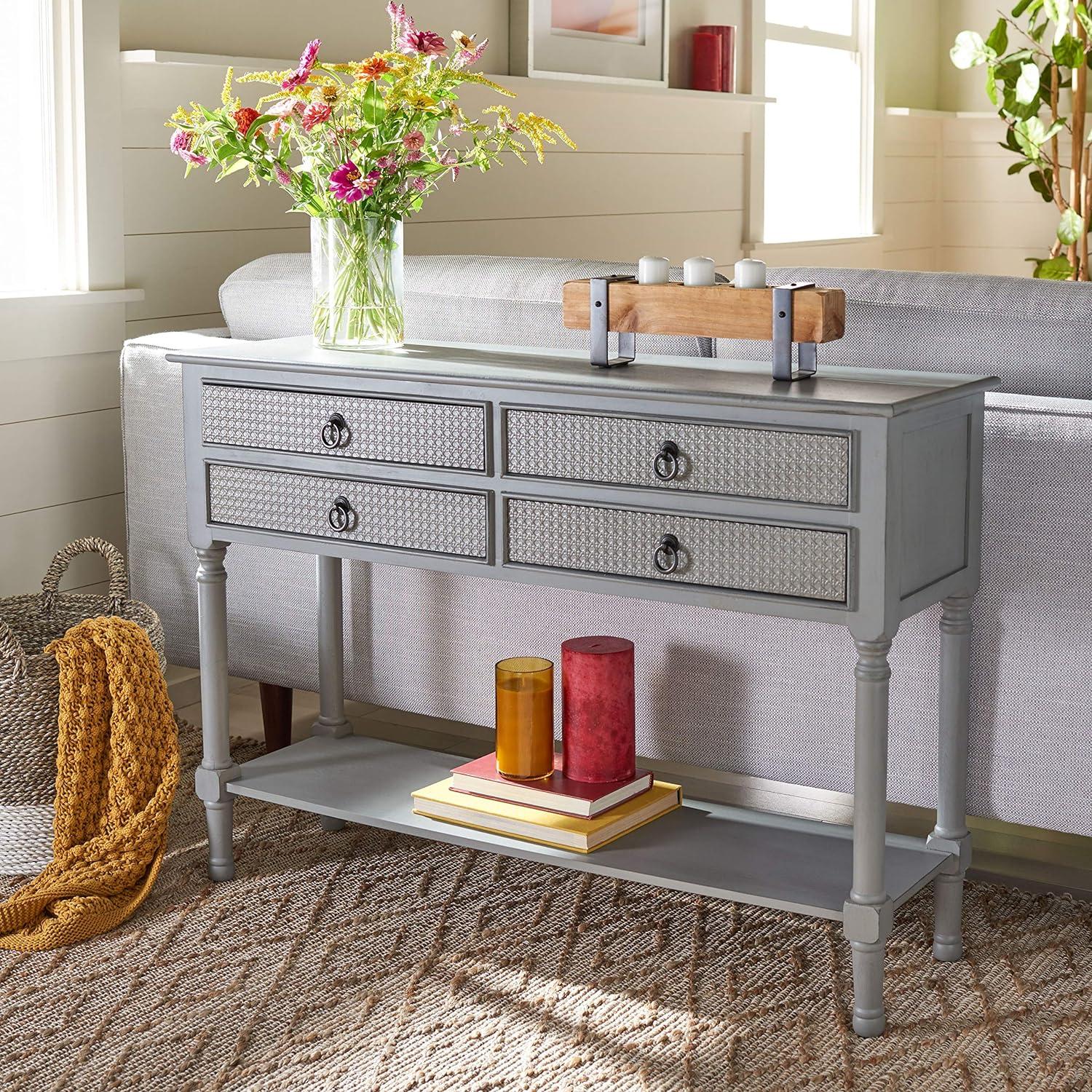 Distressed Gray Pine Wood Console Table with Storage