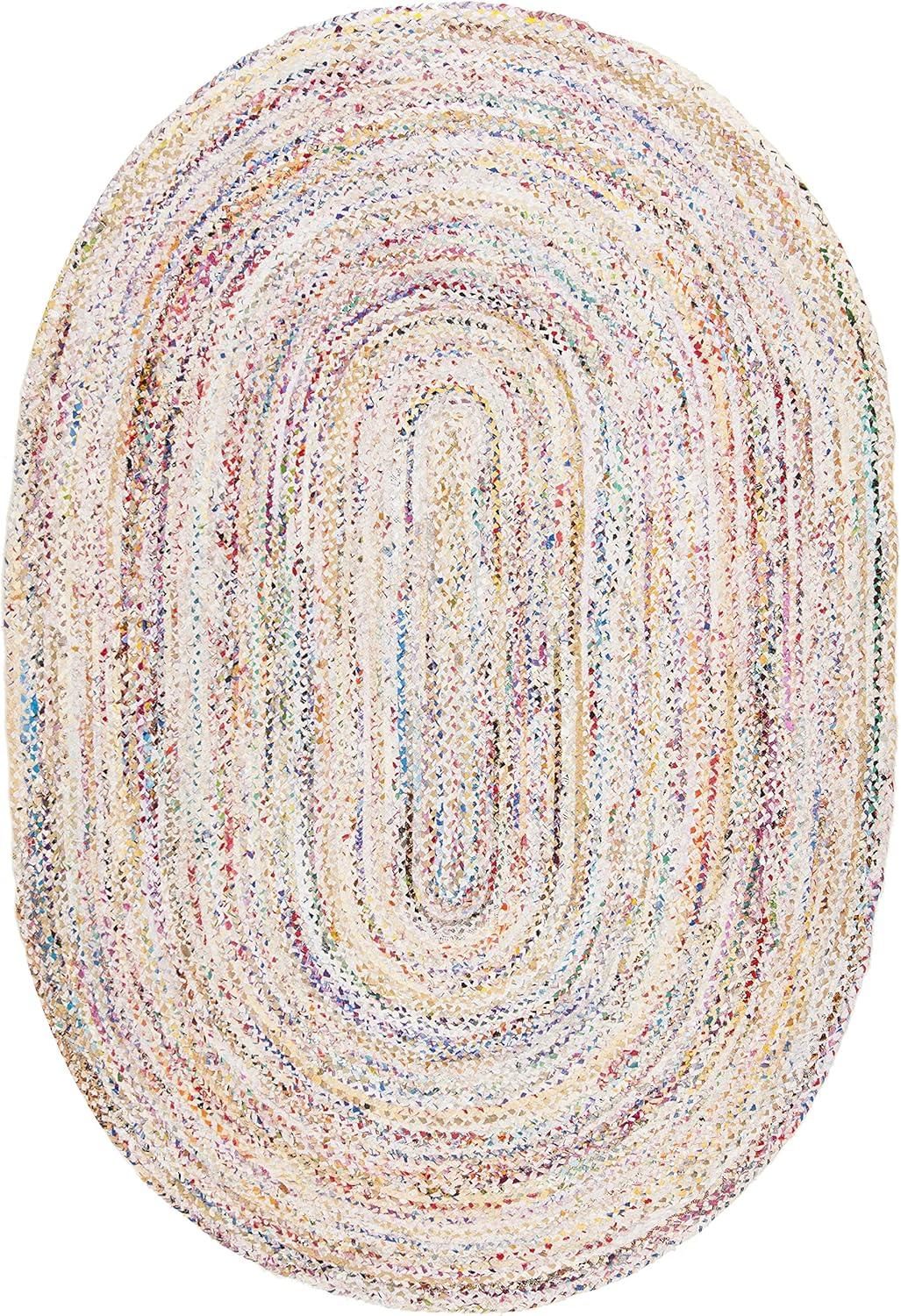 Ivory and Multicolor Oval Braided Cotton Area Rug