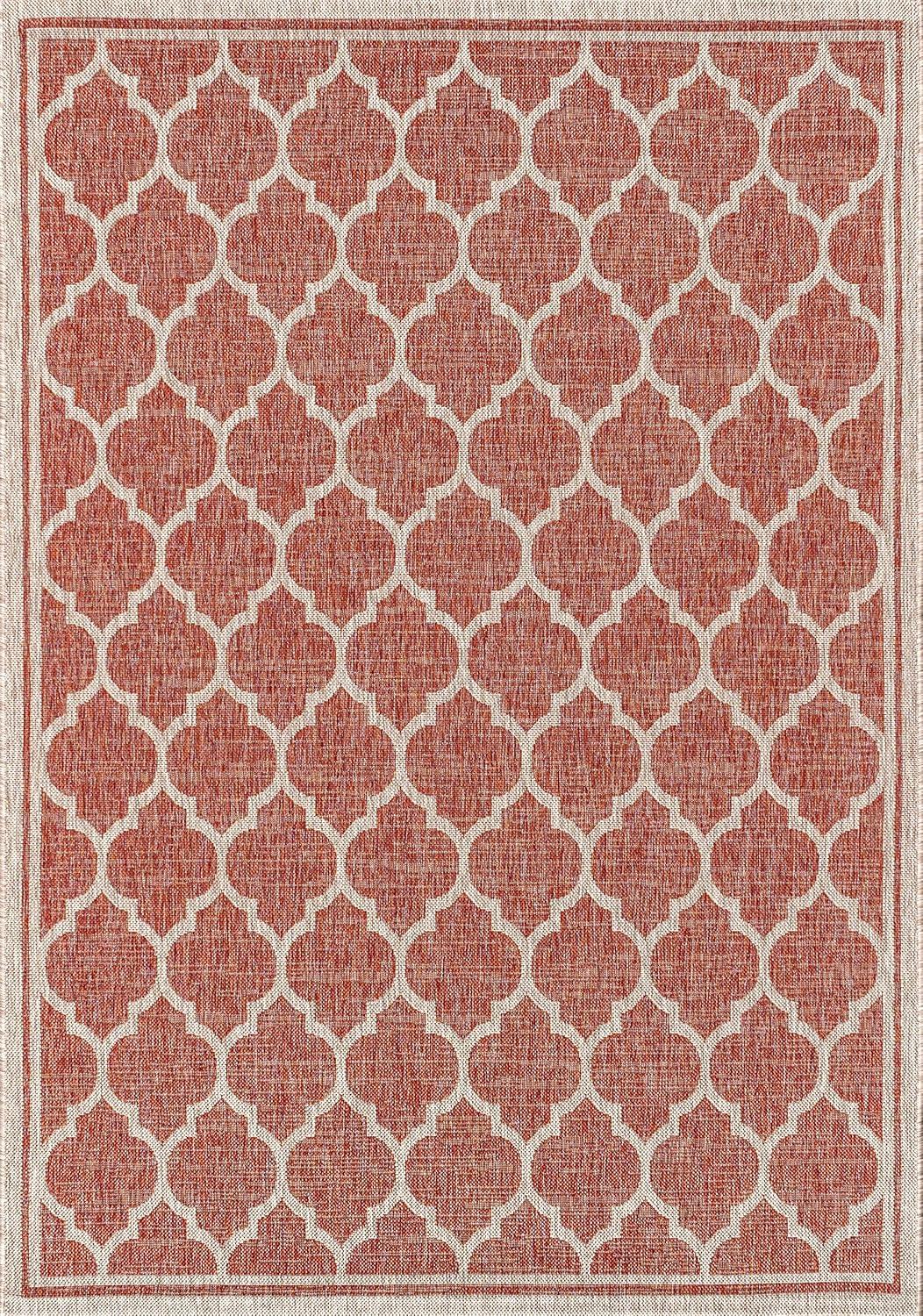 5'x8' Trebol Moroccan Trellis Textured Weave Indoor/Outdoor Area Rug, Red/Beige - JONATHAN Y