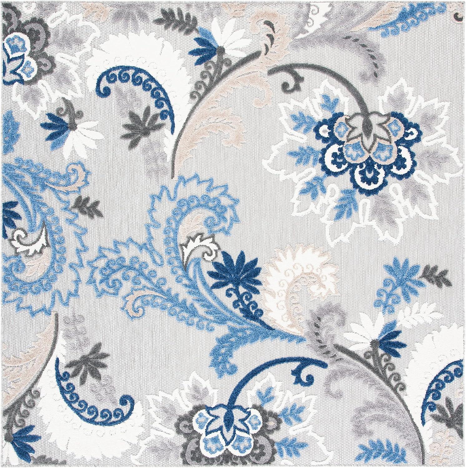 SAFAVIEH Cabana Lowell Floral Indoor/Outdoor Area Rug, Grey/Blue, 5'3" x 5'3" Square