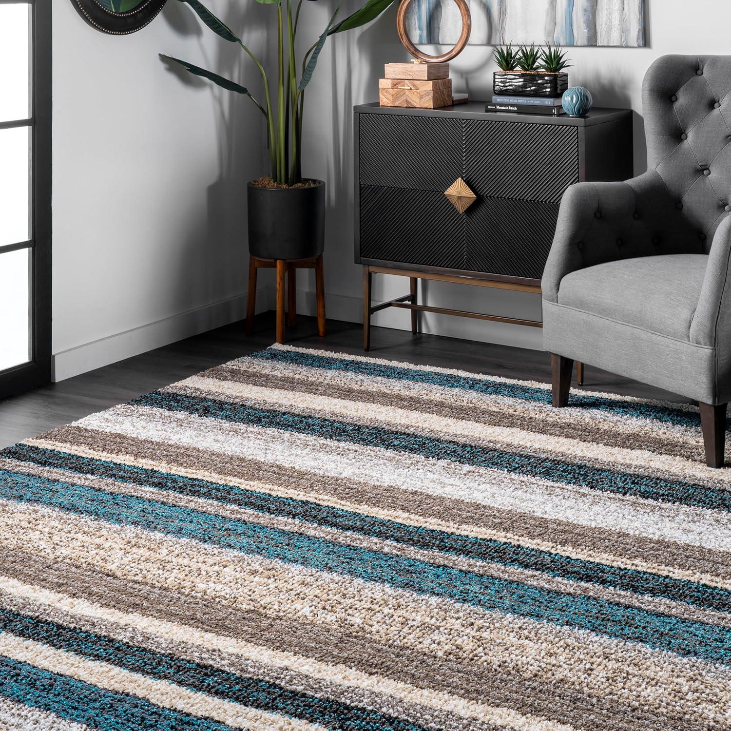 Handmade Tufted Striped Blue Multi Shag Area Rug - 4'x6'