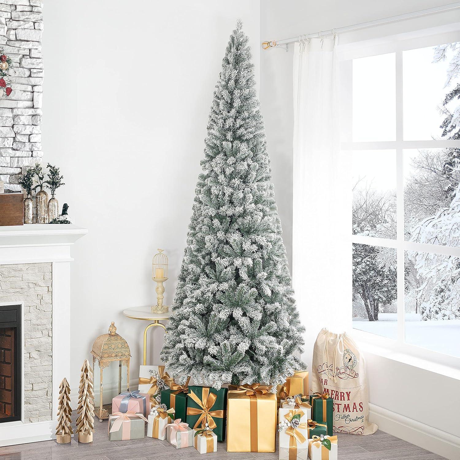 Salzburg 7.5ft Frosted Prelit Slim Artificial Christmas Tree with 1102 Branch Tips, 350 Warm Lights and Metal Stand, 34" wide Realistic Snow Flocked Skinny Pencil Christmas Tree by Naomi Home