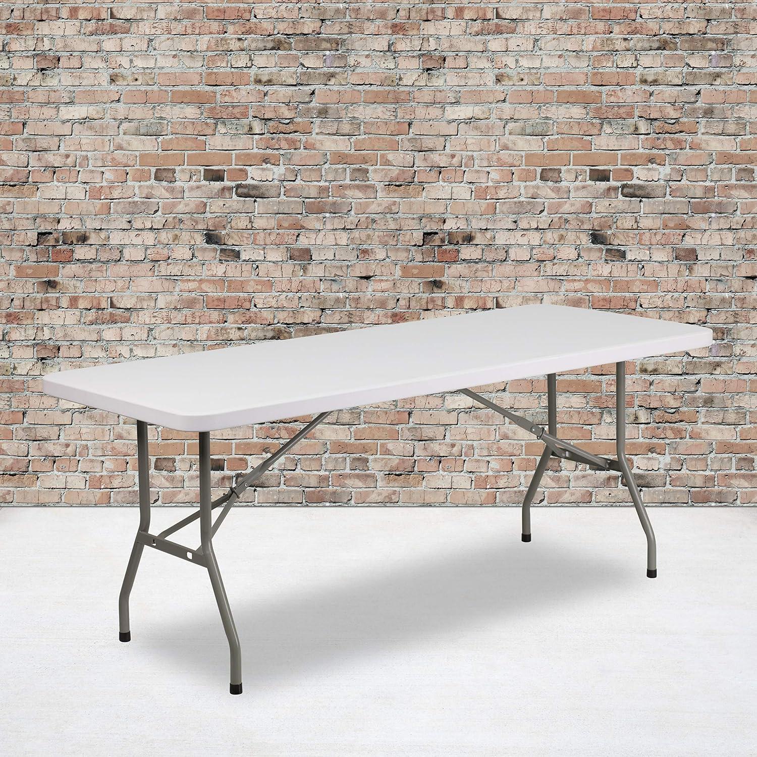 30'' x 72'' Granite White Bi-Fold Plastic Folding Table - 6-Foot Bi-Fold Plastic Folding Table with Carrying Handle