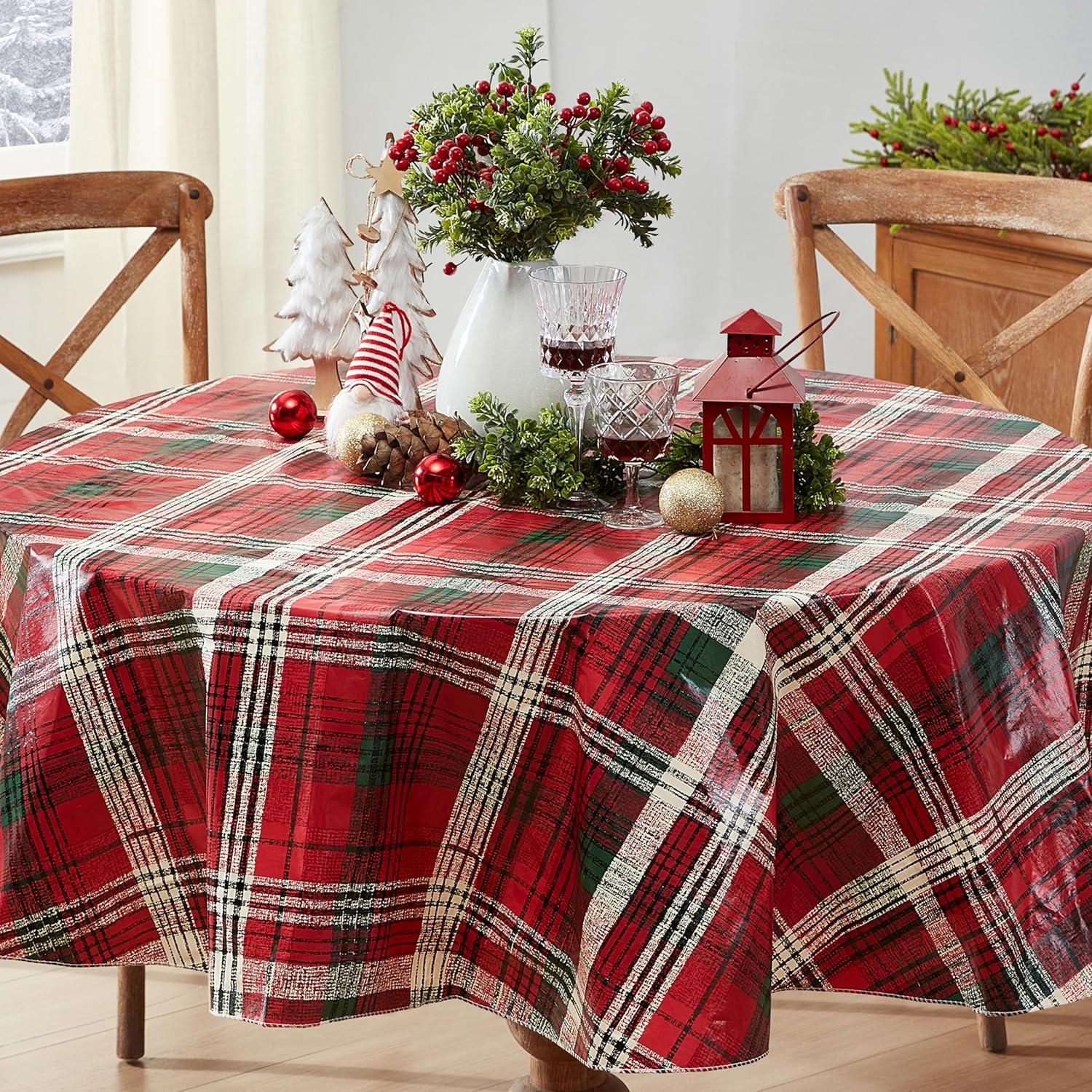 Oval Red and Green Plaid Vinyl Holiday Tablecloth, 60" x 84"