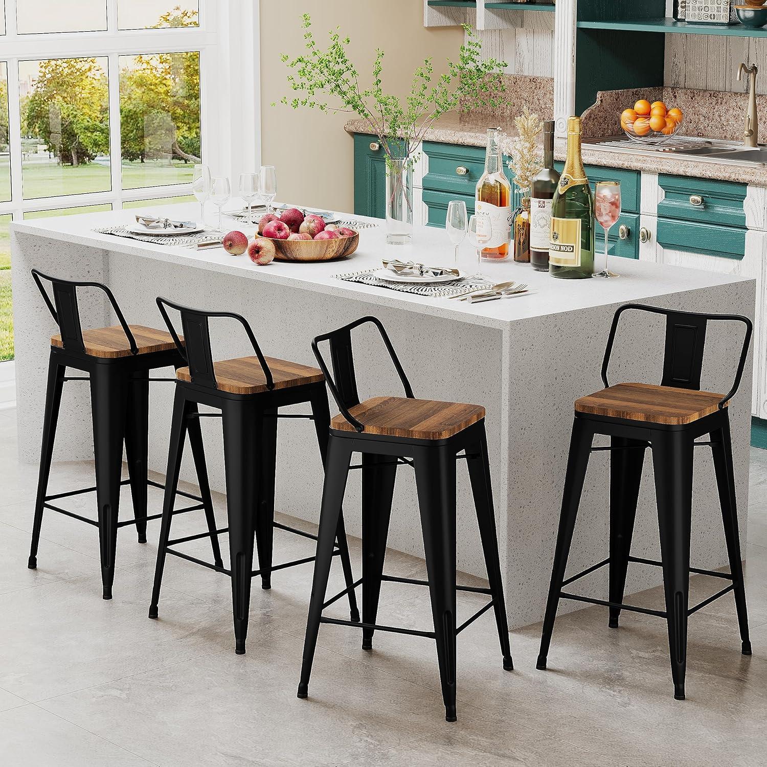 Bar Stools Set of 4 Metal Bar Stool Counter Height Bar Stools 26" Black Modern Bar Chairs with Back and Wooden Seat Bar Stools Counter Height