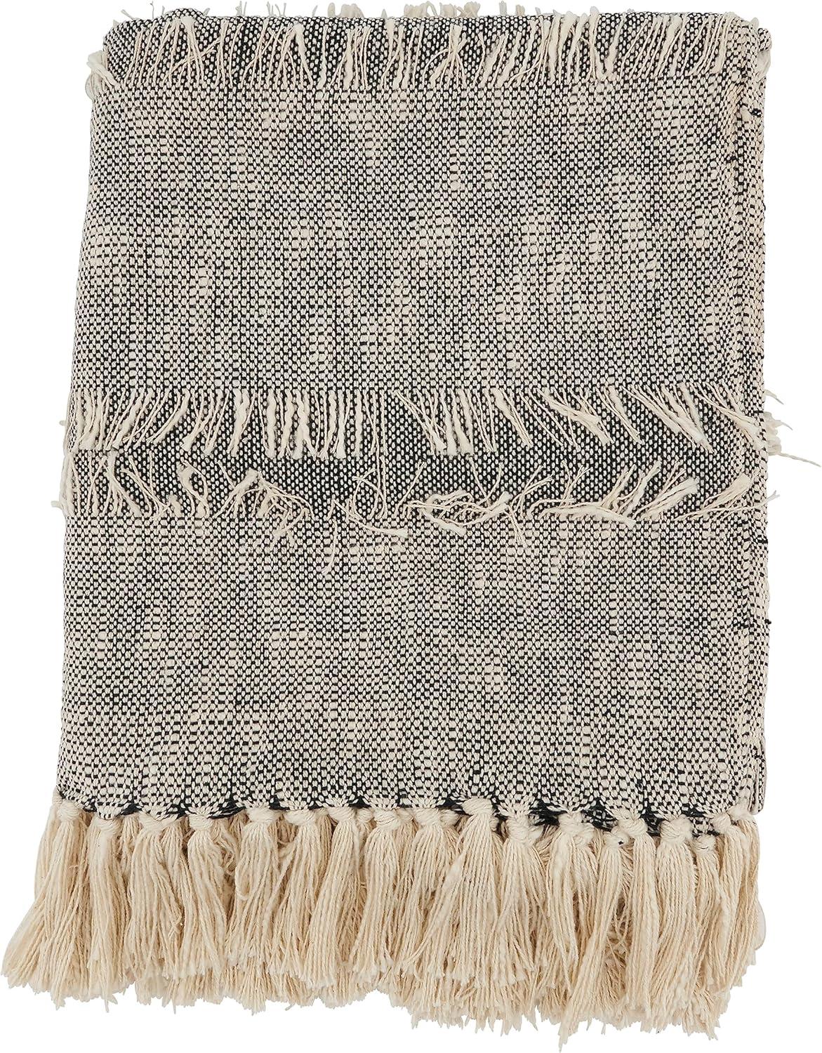 Gray Cotton Striped Fringe Throw Blanket