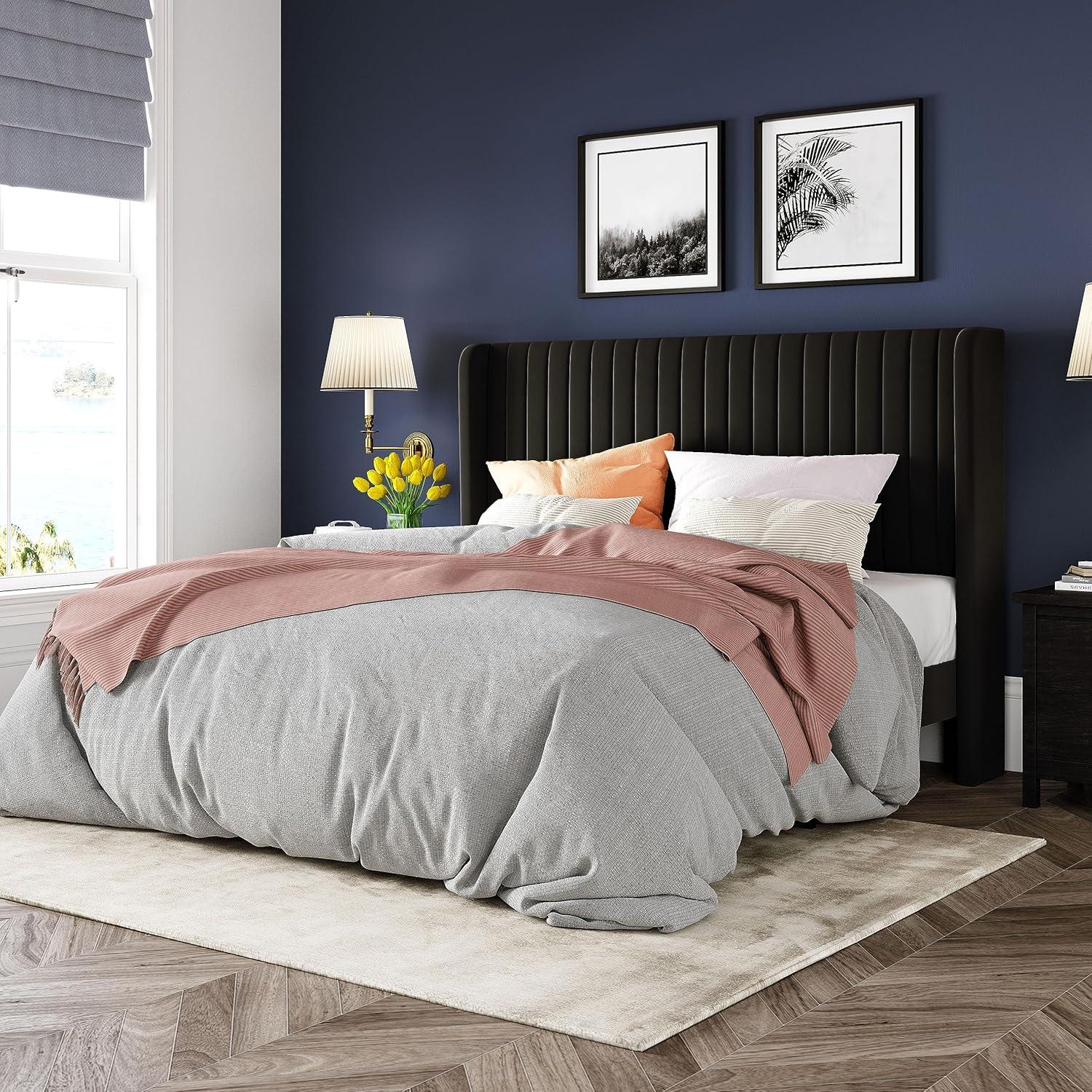 Candler Velvet Upholstered Platform Bed with Wingback Headboard and Wooden Slats