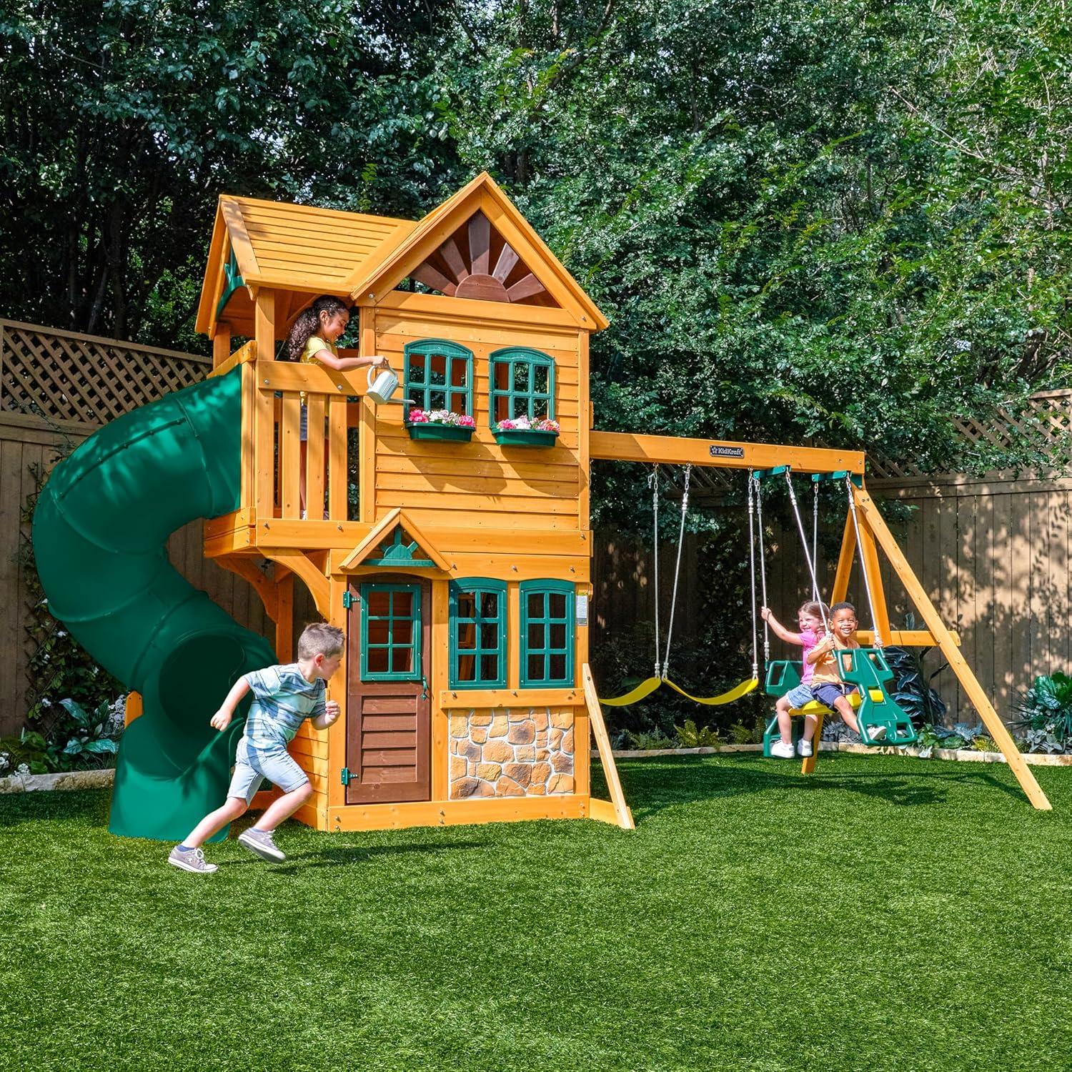 KidKraft KidKraft Boulder Station Wooden Swing Set / Playset with Tube Slide