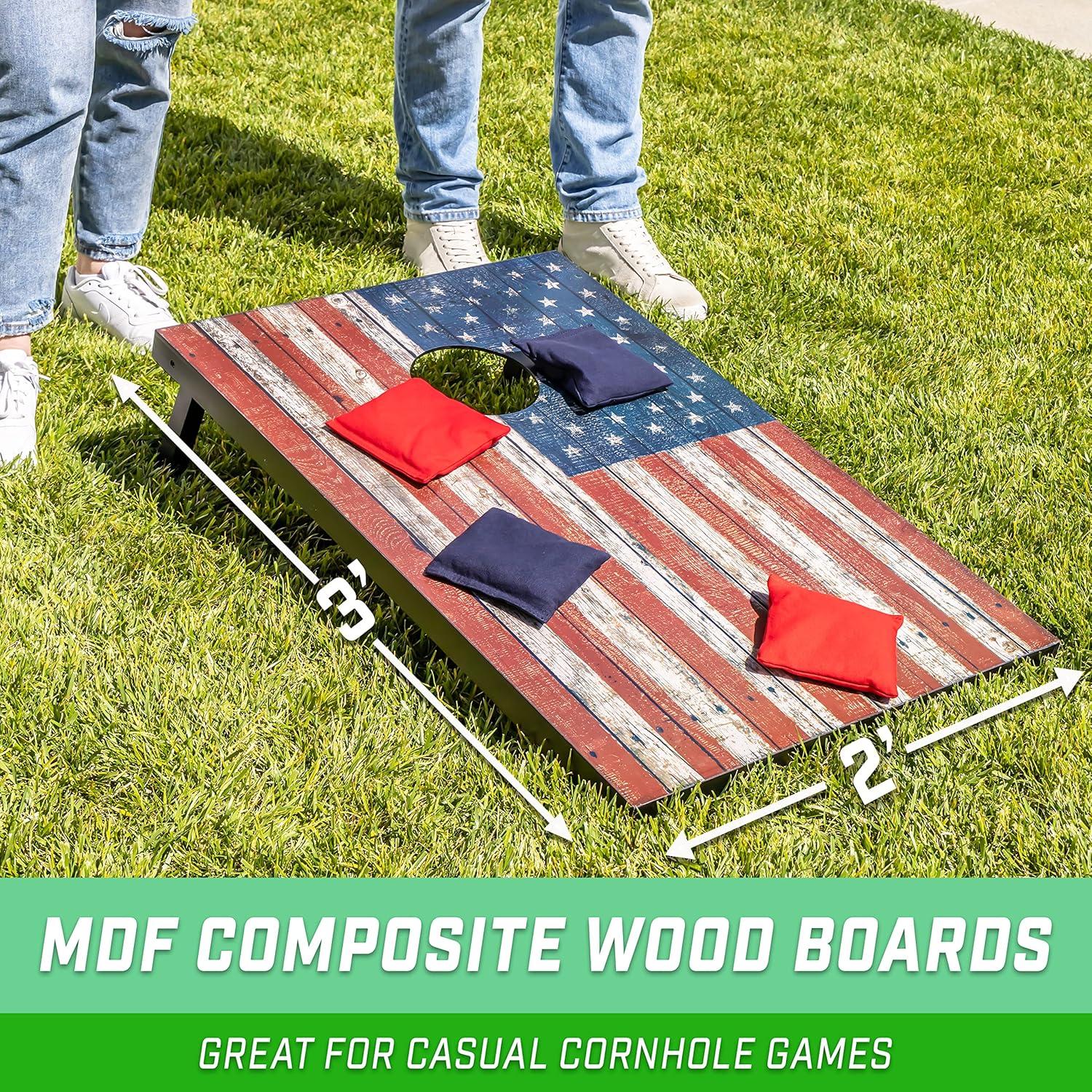 GoSports American Flag Cornhole Set with Wood Plank Design - Includes Two 3' x 2' Boards, 8 Bean Bags, Carrying Case and Game Rules