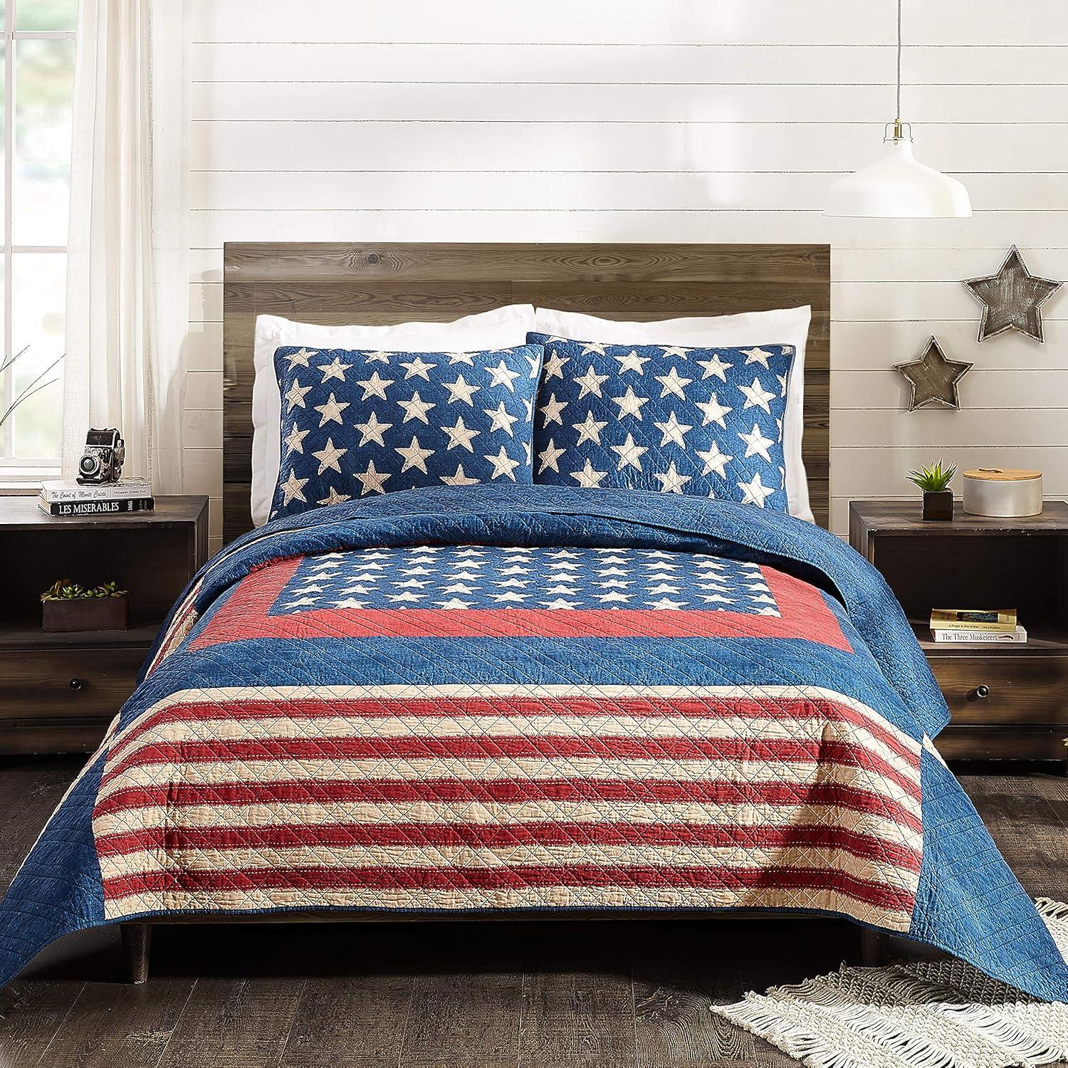 Classic Americana Patchwork King Cotton Quilt Set with Reversible Blue Denim