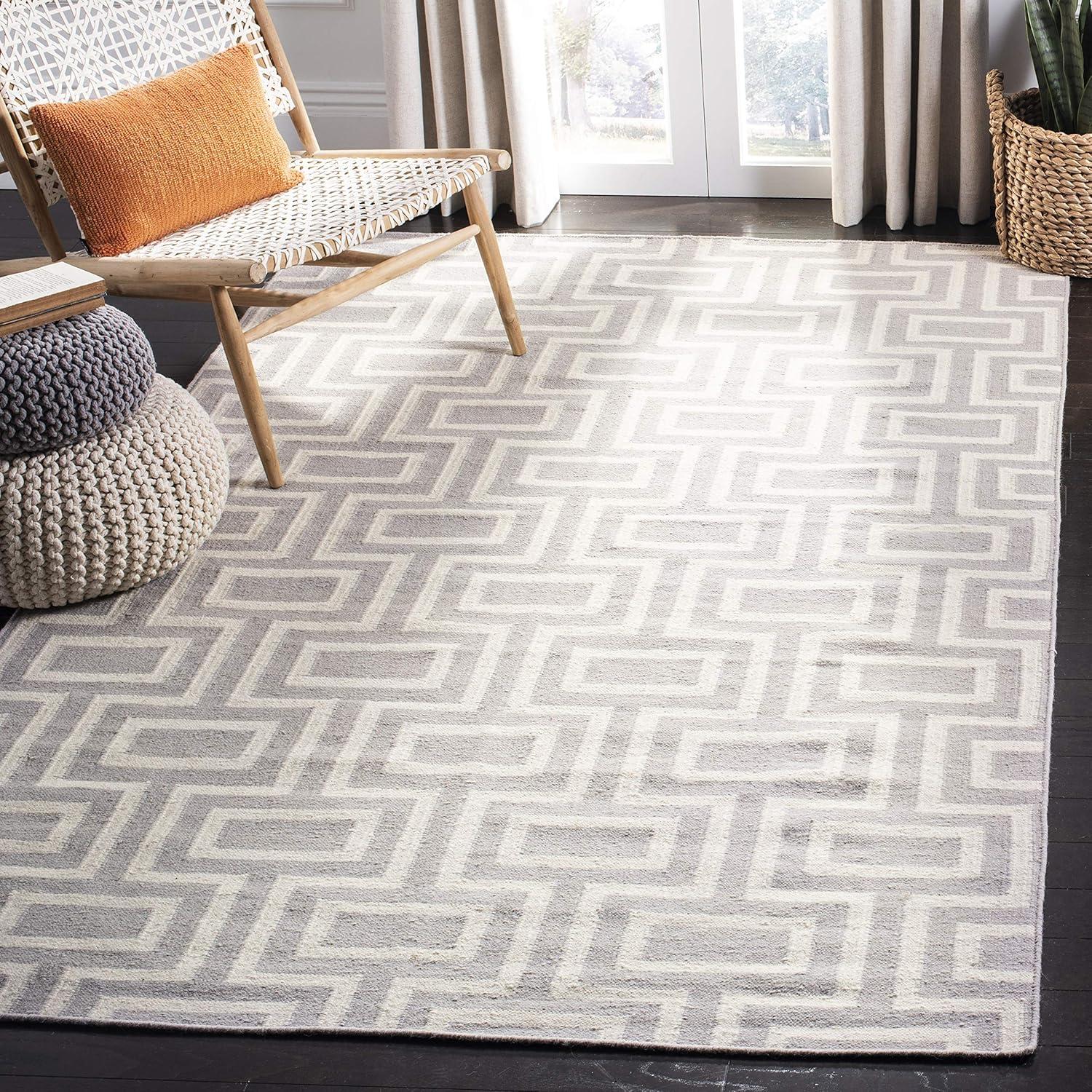 SAFAVIEH Dhurrie Abigail Geometric Moroccan Wool Area Rug, Grey/Ivory, 8' x 10'