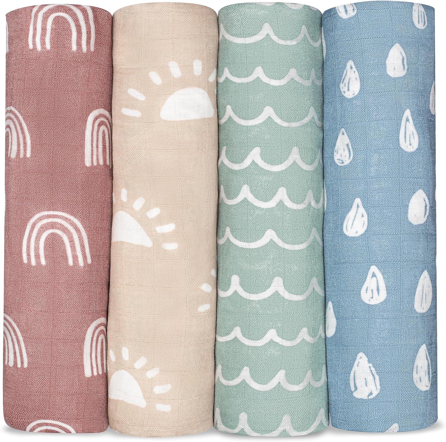 Muslin Swaddle Blankets Neutral Receiving Blanket for Boys and Girls by Comfy Cubs Cubs (Sun, Rainbow, Rain, Doodle)